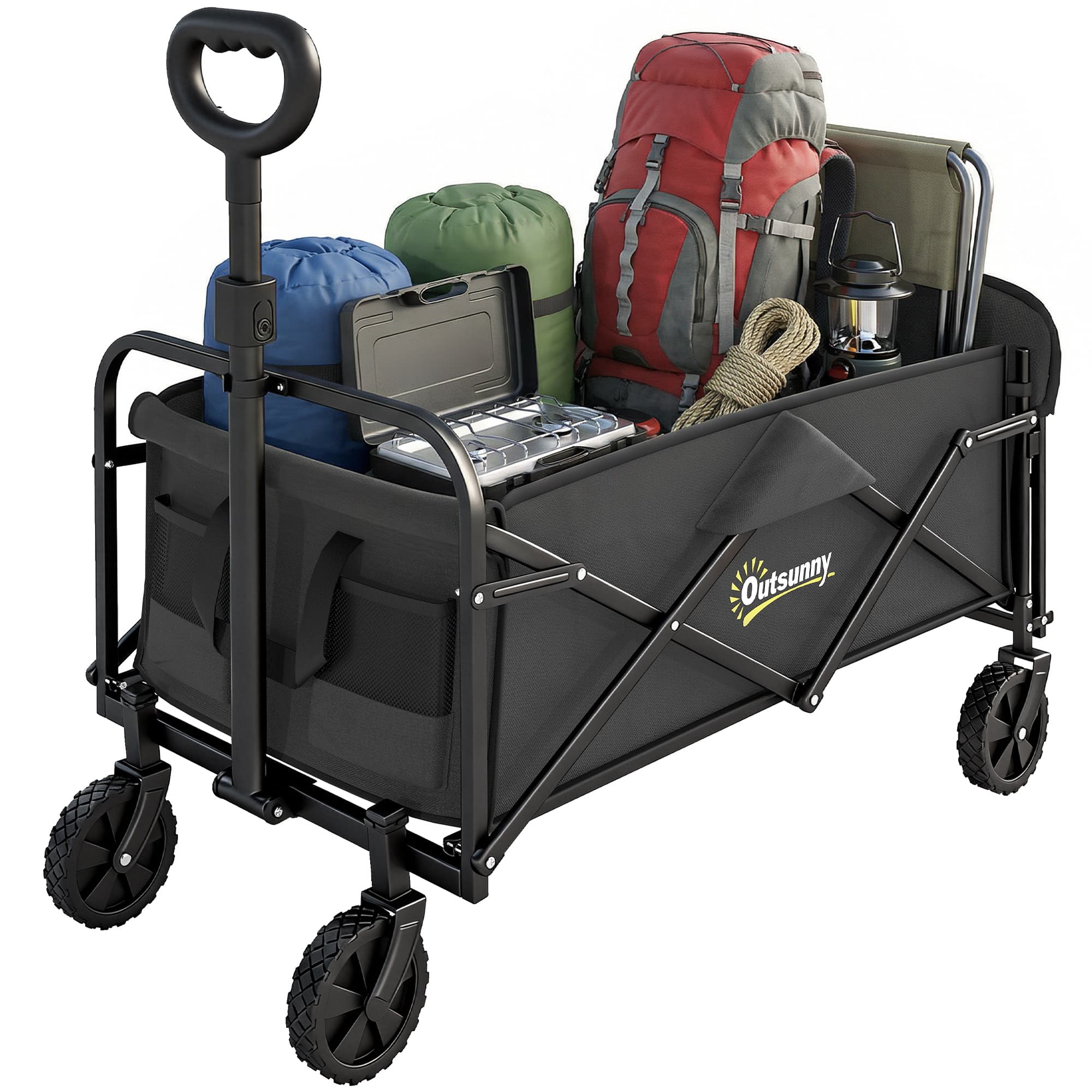 Outsunny Chariot de Jardin 72 L Pliable avec Poignée Réglable, en Acier et Tissu Oxford, 114x46x92 cm, Noir