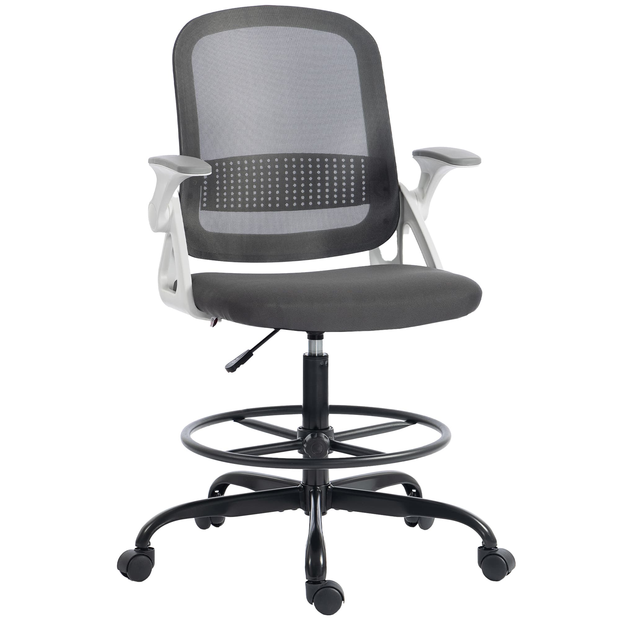 HOMCOM Chaise de bureau en maille Chaise de dessin avec accoudoirs rabattables Hauteur réglable Repose-pieds Gris