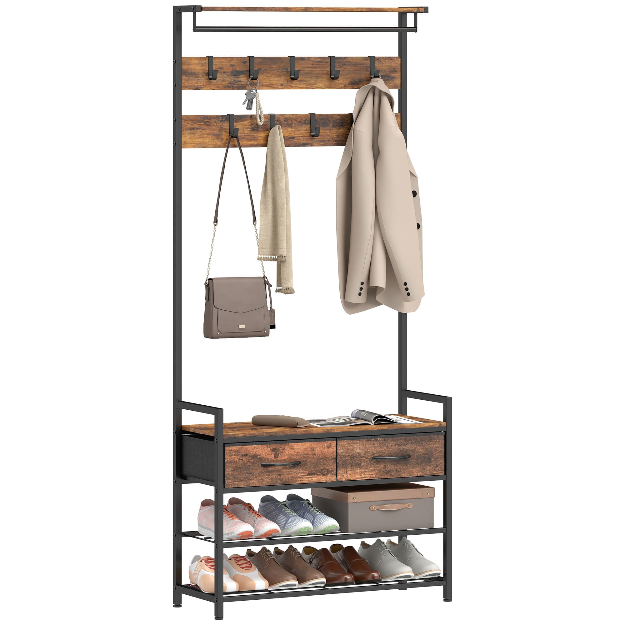 HOMCOM Porte-manteau sur pied avec crochets, banc à chaussures, organiseur d'entrée industriel, cadre en acier, Brun rustique