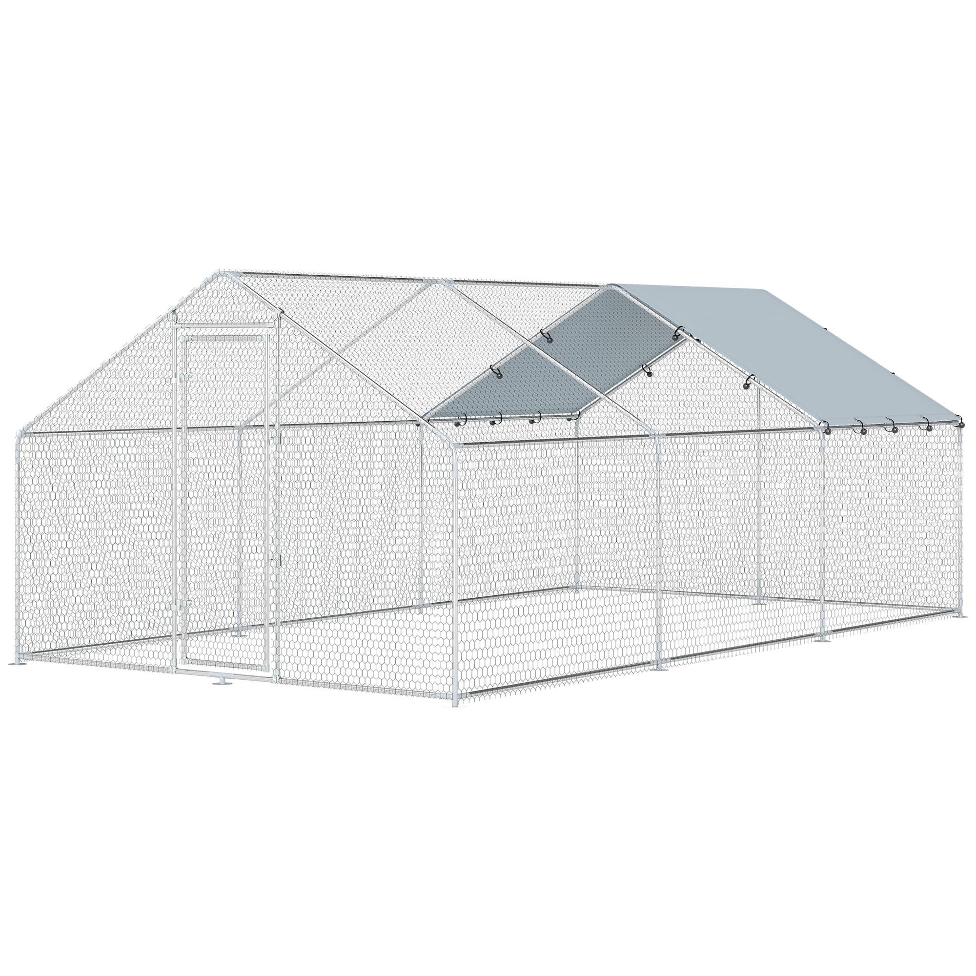 PawHut Poulailler Extérieur Grand en Acier Galvanisé 5,1x3x1,9 m 15,3 m2 avec Couverture Tissu Oxford et Serrure Argent