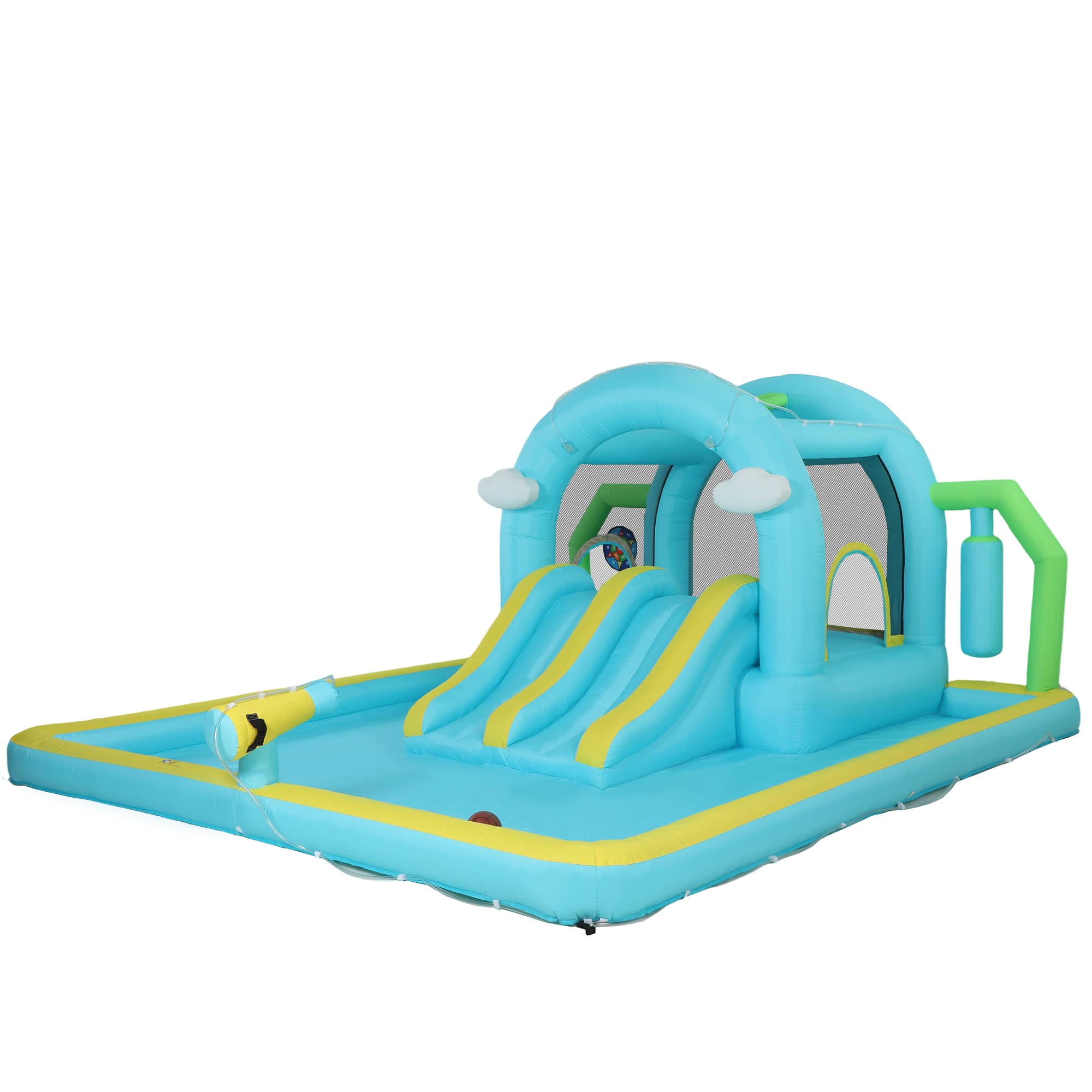AIYAPLAY Château Gonflable Aquatique 7 en 1 avec Souffleur 2 Toboggans Trampoline Piscine Panier Colonne de Boxe 426x360x198 cm