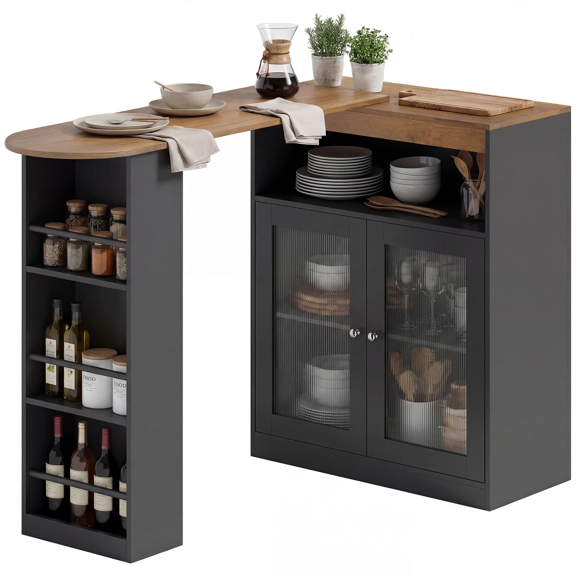 HOMCOM Table de Bar Extensible et Pivotante 90° avec Étagères Ouvertes et 2 Portes en Verre 150x80x105,5 cm Noir et Bois Naturel