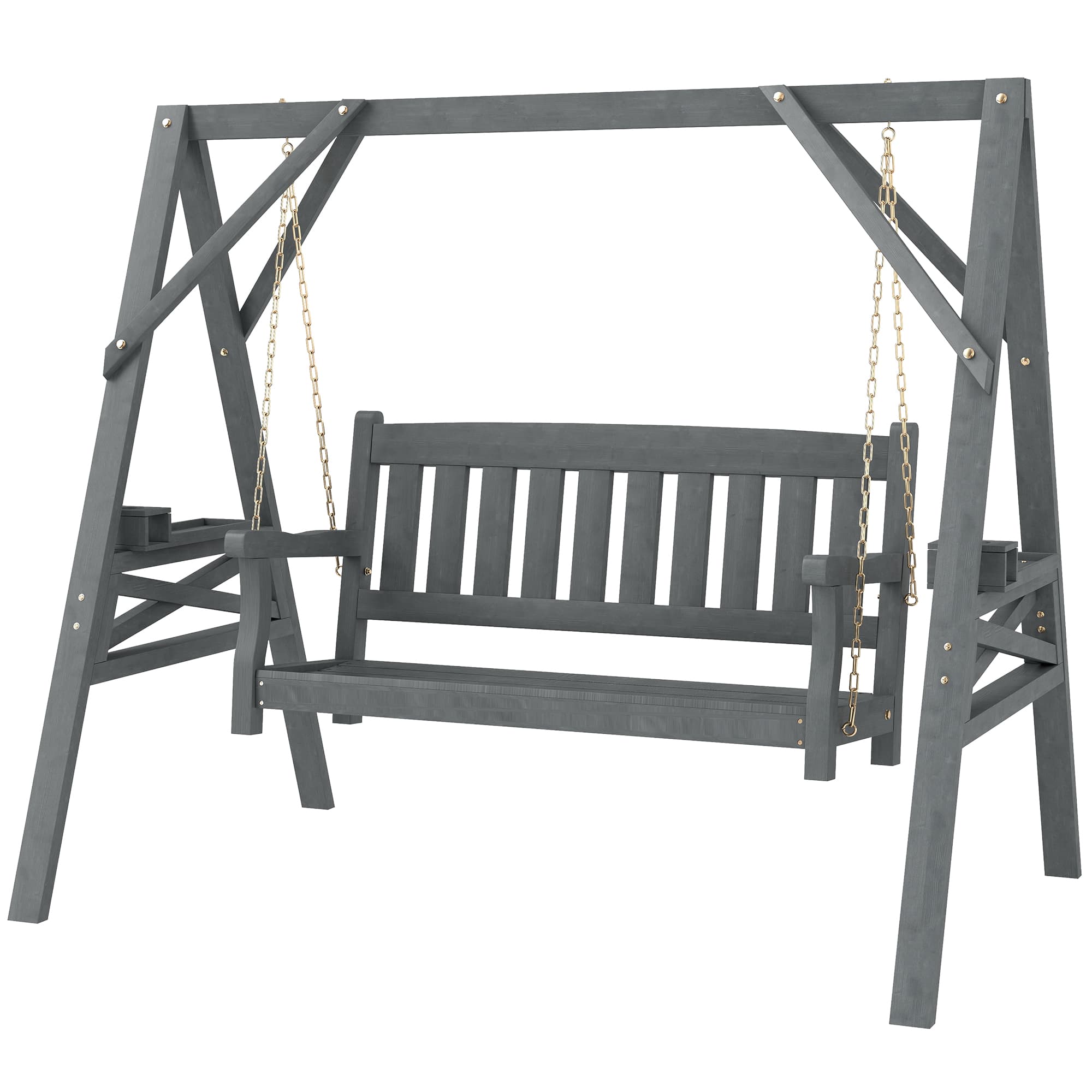 Outsunny Balancelle 2 places, banc balançoire en bois avec tablettes, porte-gobelets et chaînes métalliques, Gris