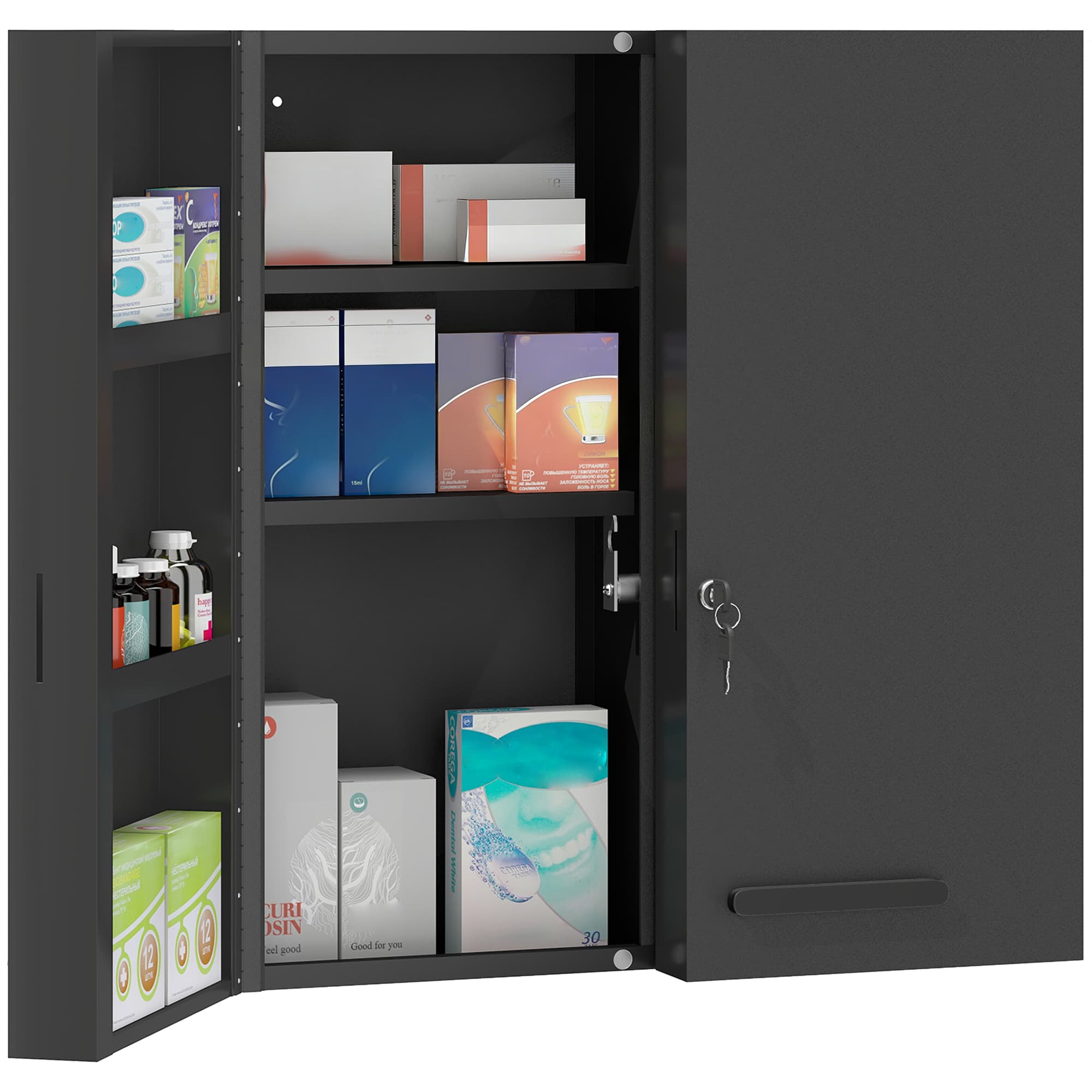 kleankin Armoire à pharmacie, armoire à médicaments verrouillable à 2 portes et 6 étagères, Noir