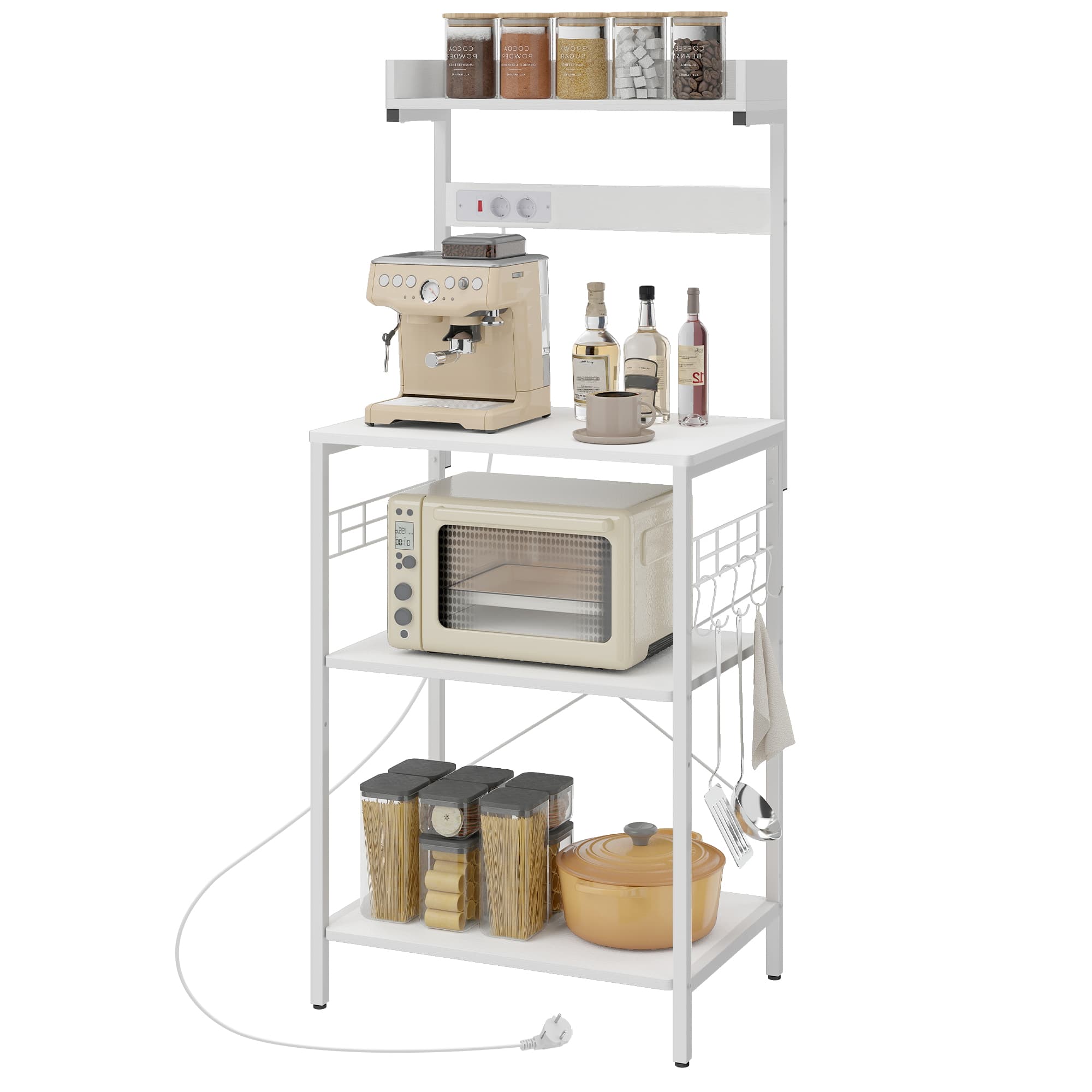 HOMCOM Étagère de cuisine avec 2 prises Étagère pour micro-ondes Étagère réglable Crochets 60x42x137 cm Blanc