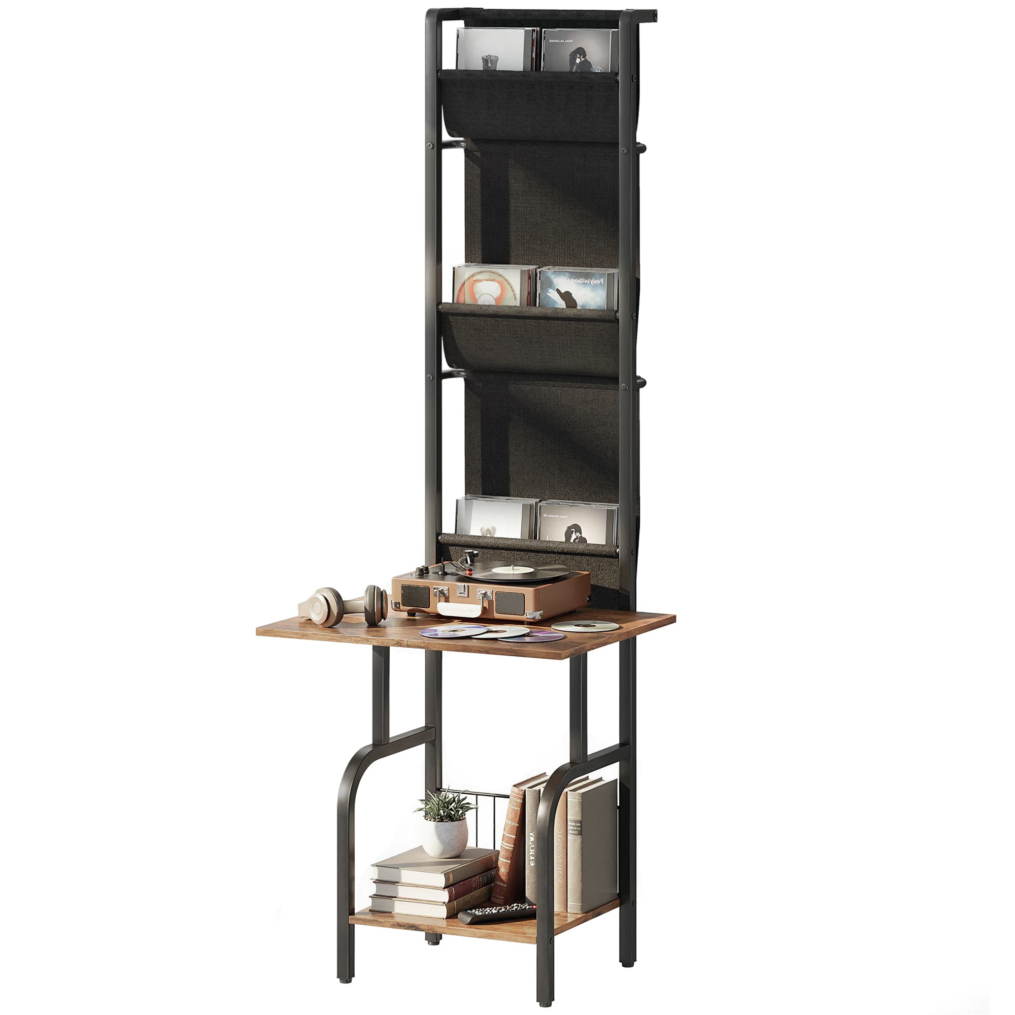 HOMCOM Étagère CD industrielle, rangement CD, support DVD avec 3 pochettes en tissu et plateau, aspect bois rustique brun