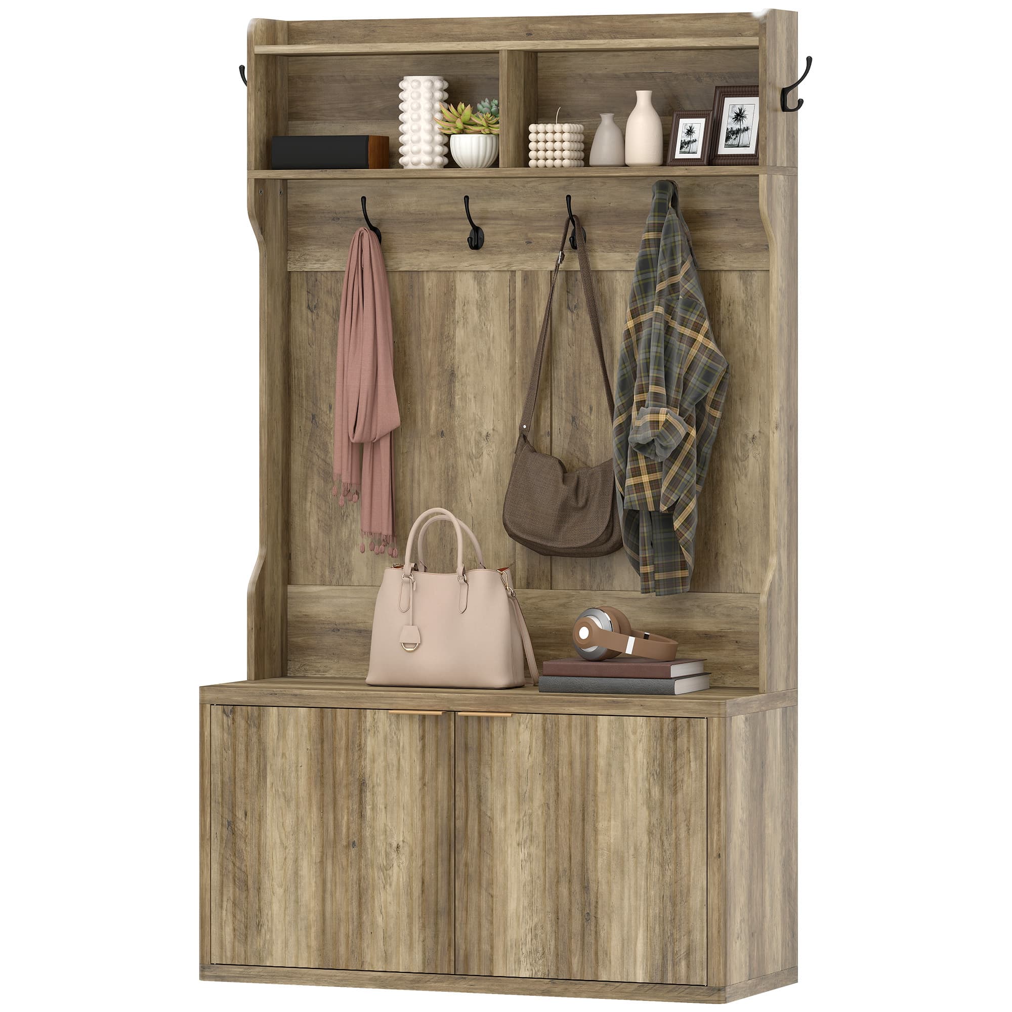 HOMCOM Porte-manteau range-chaussures 4 en 1 Porte-manteau moderne avec étagère ouverte pour couloir entrée chambre 100x38x172 cm Chêne
