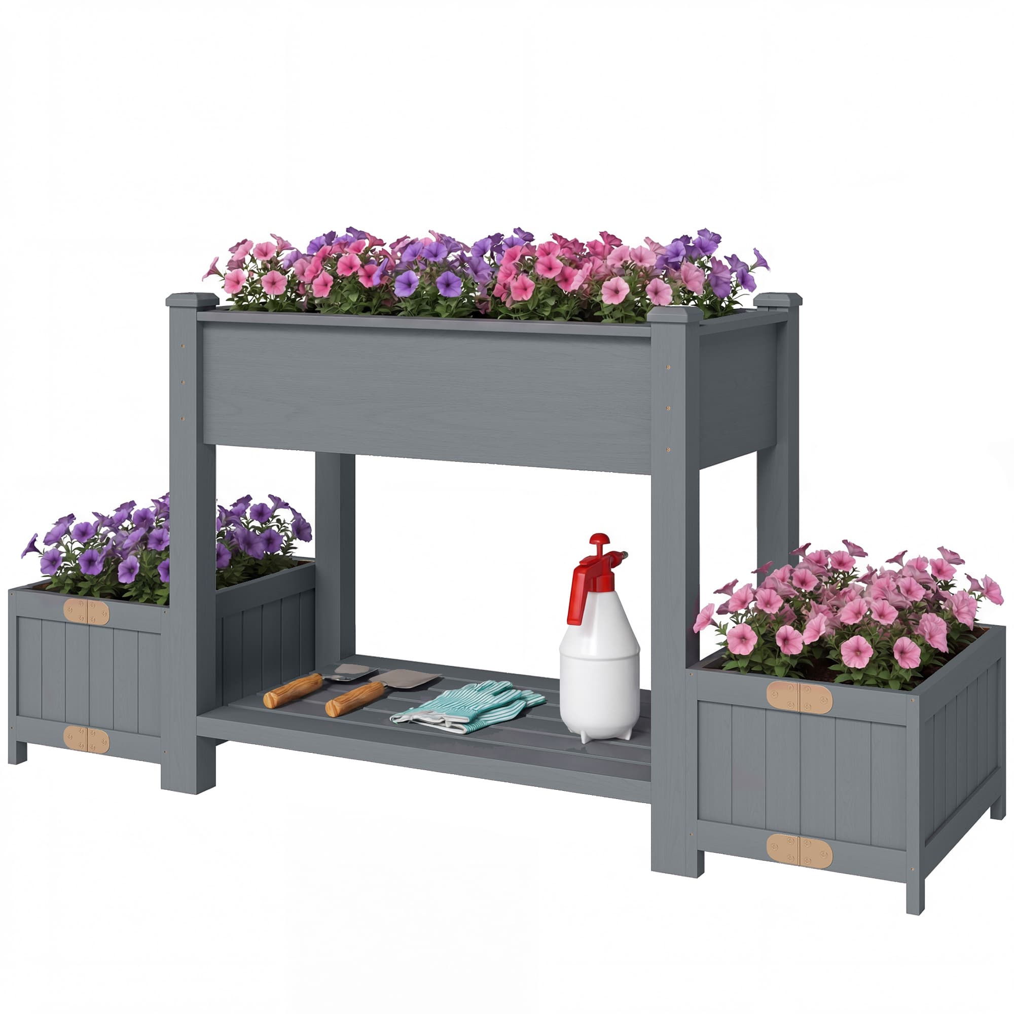 Outsunny Jardinière surélevée avec 2 pots latéraux et étagère pour outils, en bois d'épicéa, 149x46x76 cm, Gris