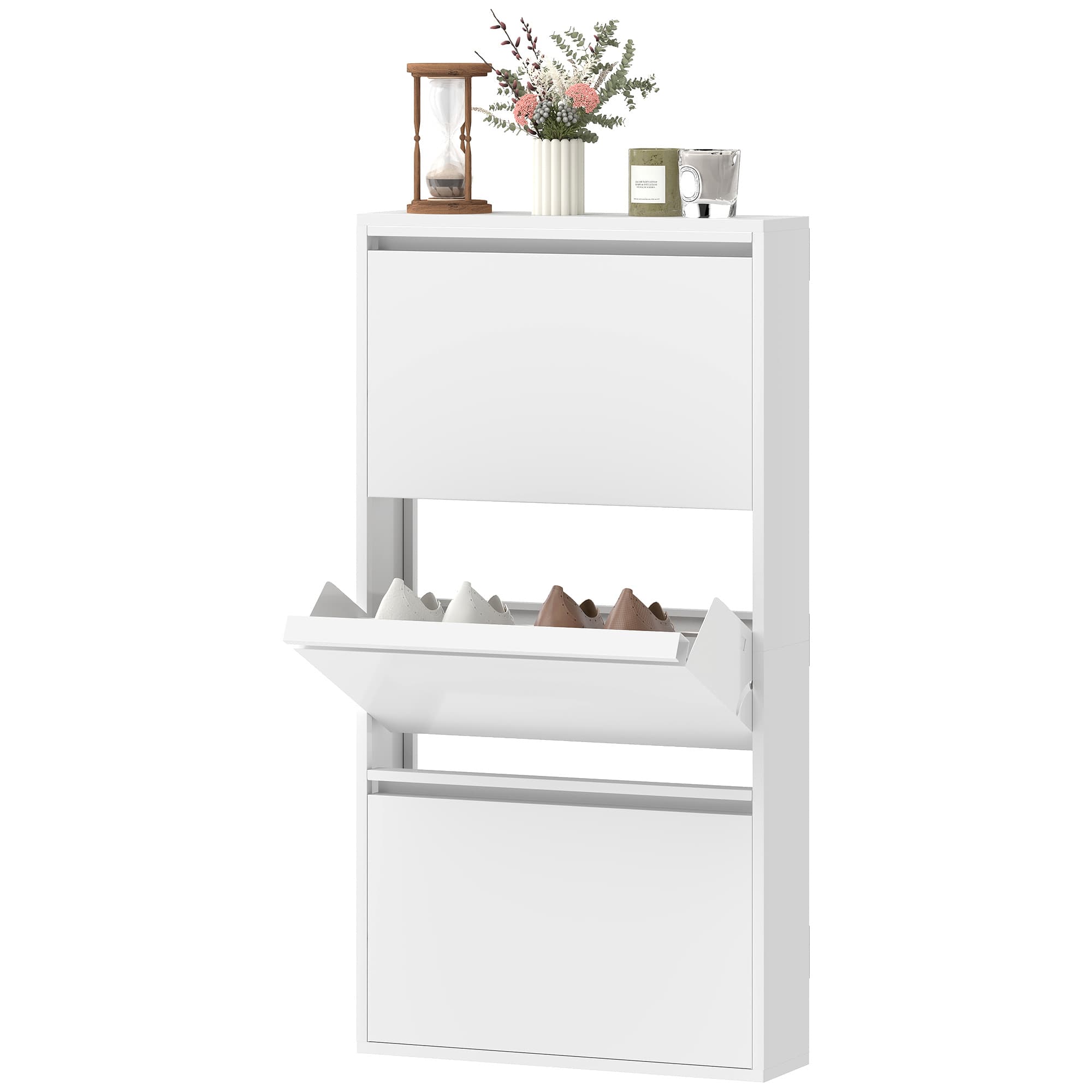 HOMCOM Armoire à chaussures en métal avec 3 compartiments rabattables, meuble à chaussures mince, à fixer au mur, pour 6 paires, Blanc