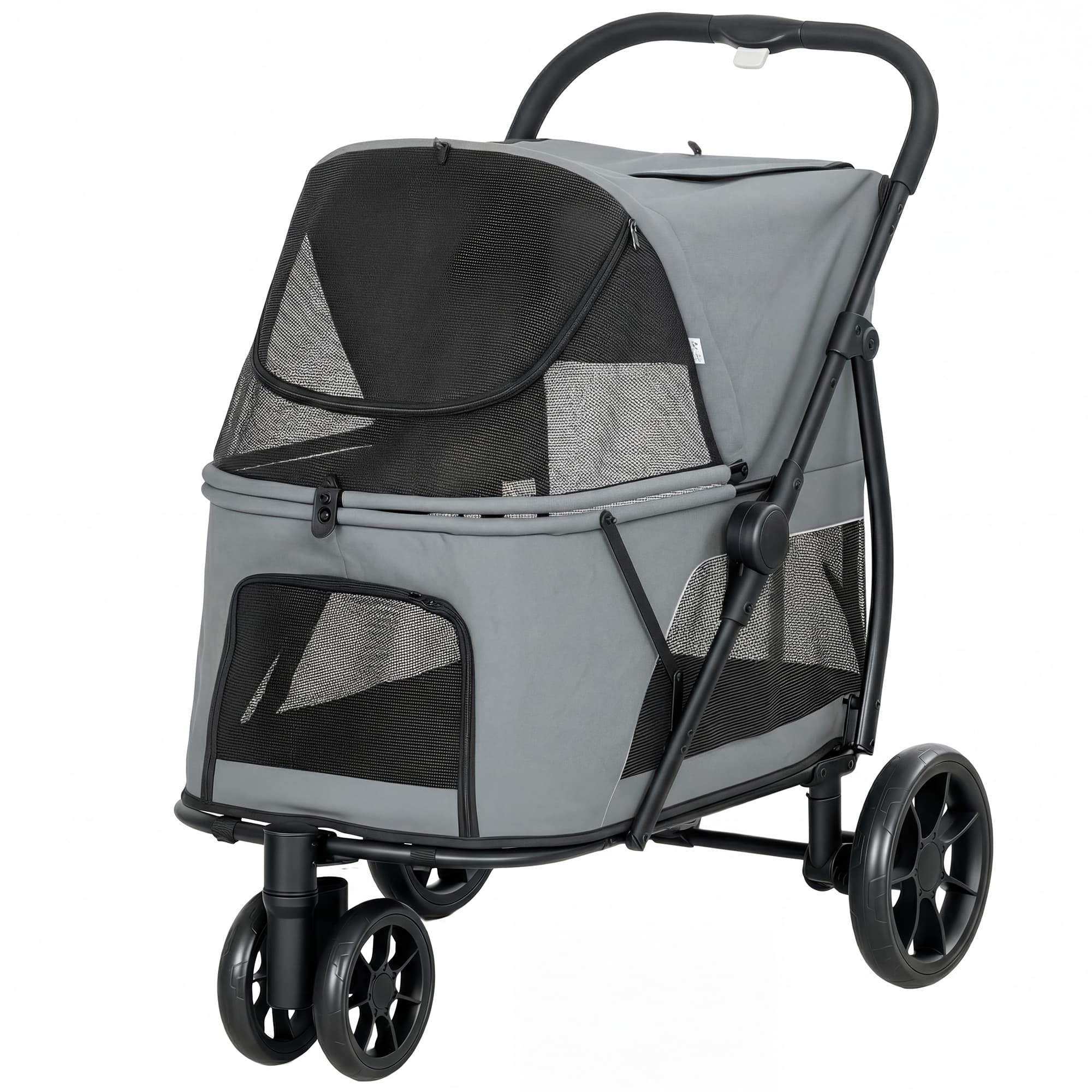 PawHut Poussette pour Chiens Pliable à 3 Roues Fenêtres en Maille Coussin Lavable Tout-Terrain Charge 20 kg 92x63x95 cm Gris