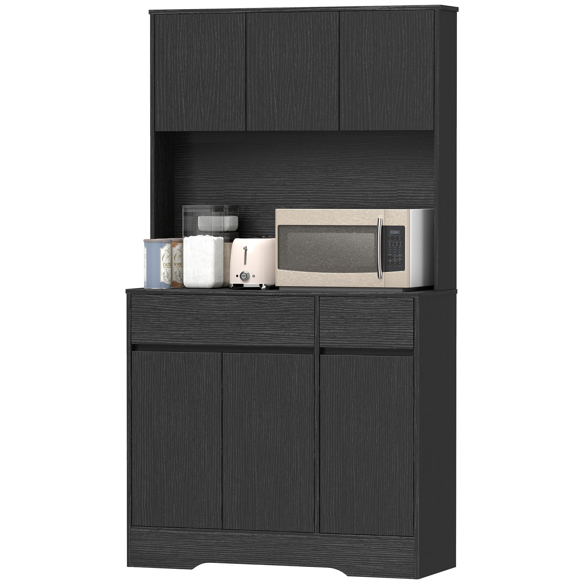 HOMCOM Buffet-armoire de cuisine avec plan de travail, 6 portes, armoire haute de rangement avec étagères, Noir
