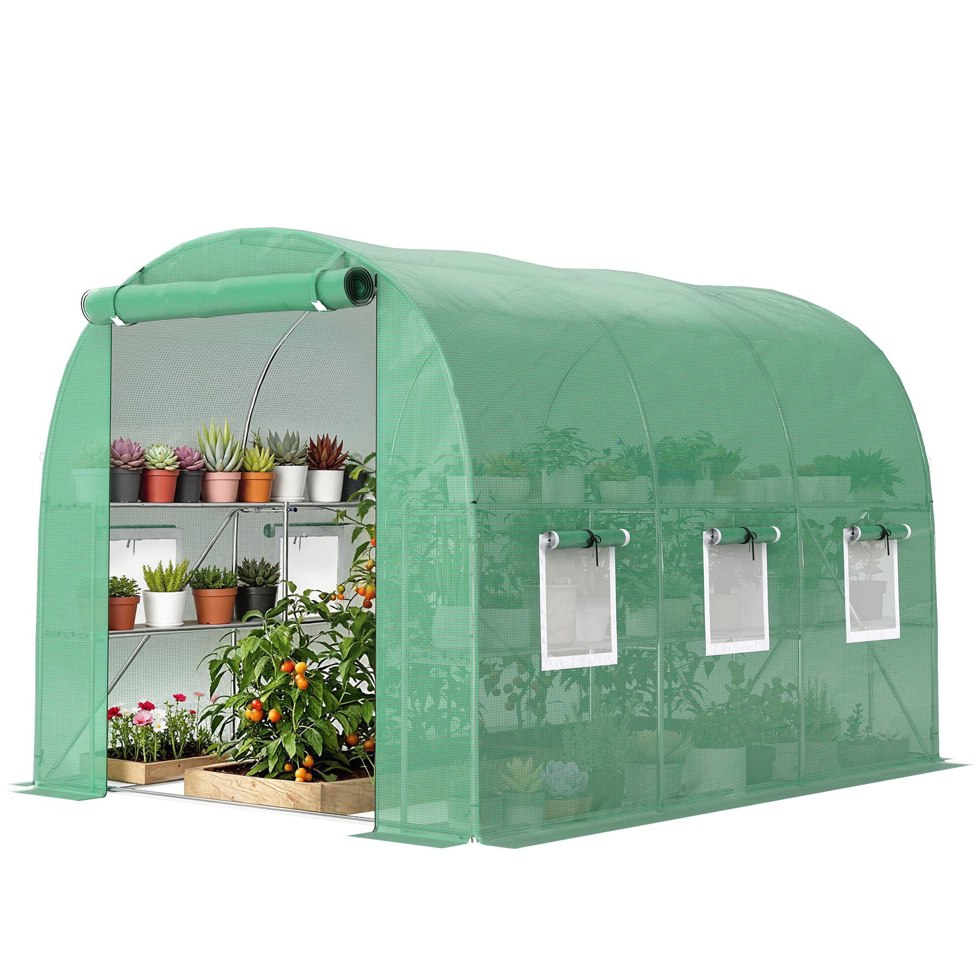 Outsunny Serre env. 2,7 x 2 x 2 m Serre tunnel avec étagères Porte zippée enroulable 6 fenêtres en filet Arceaux de soutien
