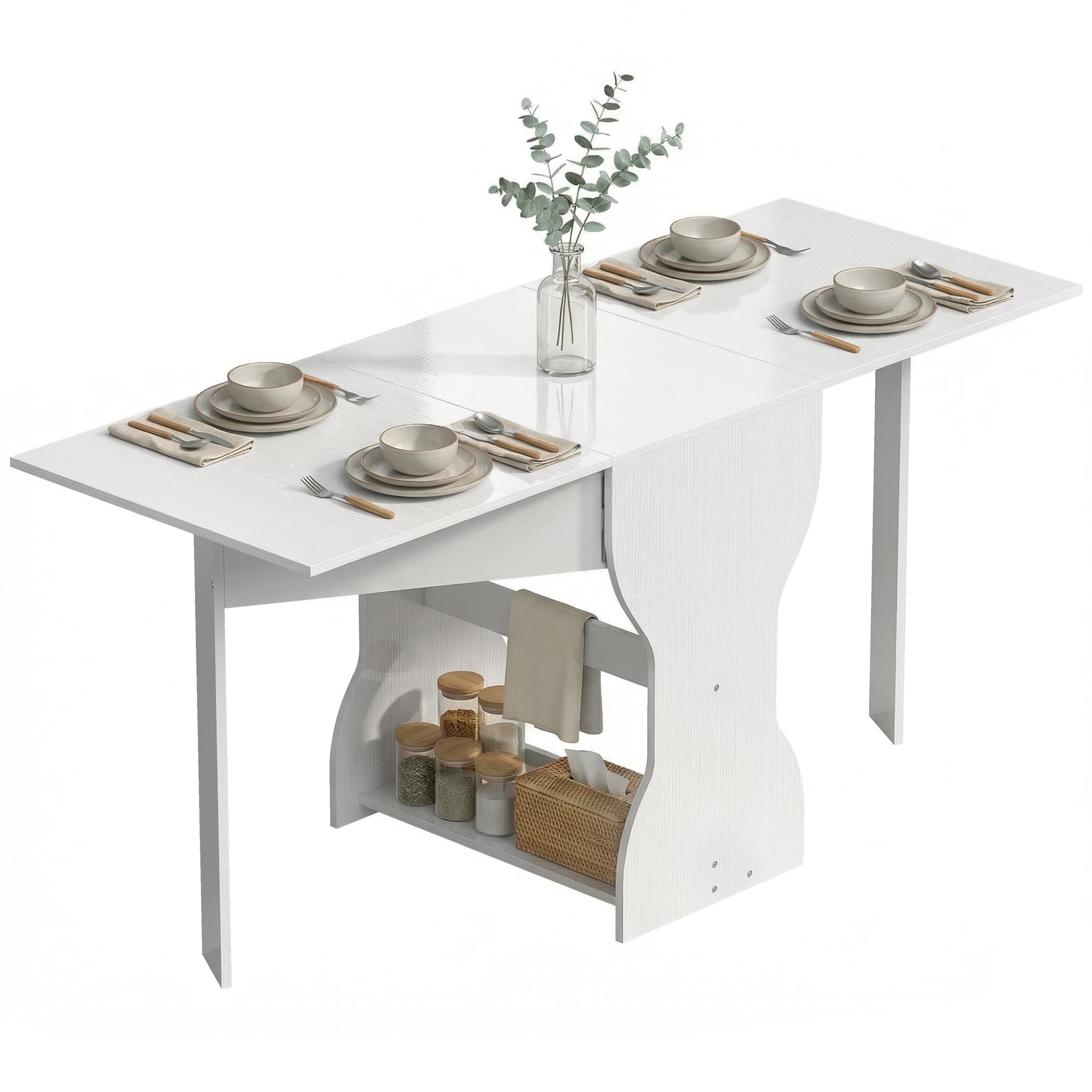 HOMCOM Table à manger pliante Table de cuisine avec rangement pour 2-4 personnes Table pliante pour petits espaces Salle à manger 160 x 60 x 75 cm Blanc