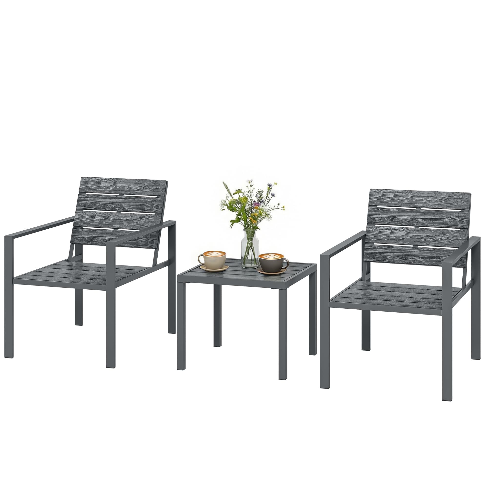 Outsunny Ensemble jardin 3 pièces avec 2 chaises d'extérieur et table basse, en HDPE et métal, Gris foncé