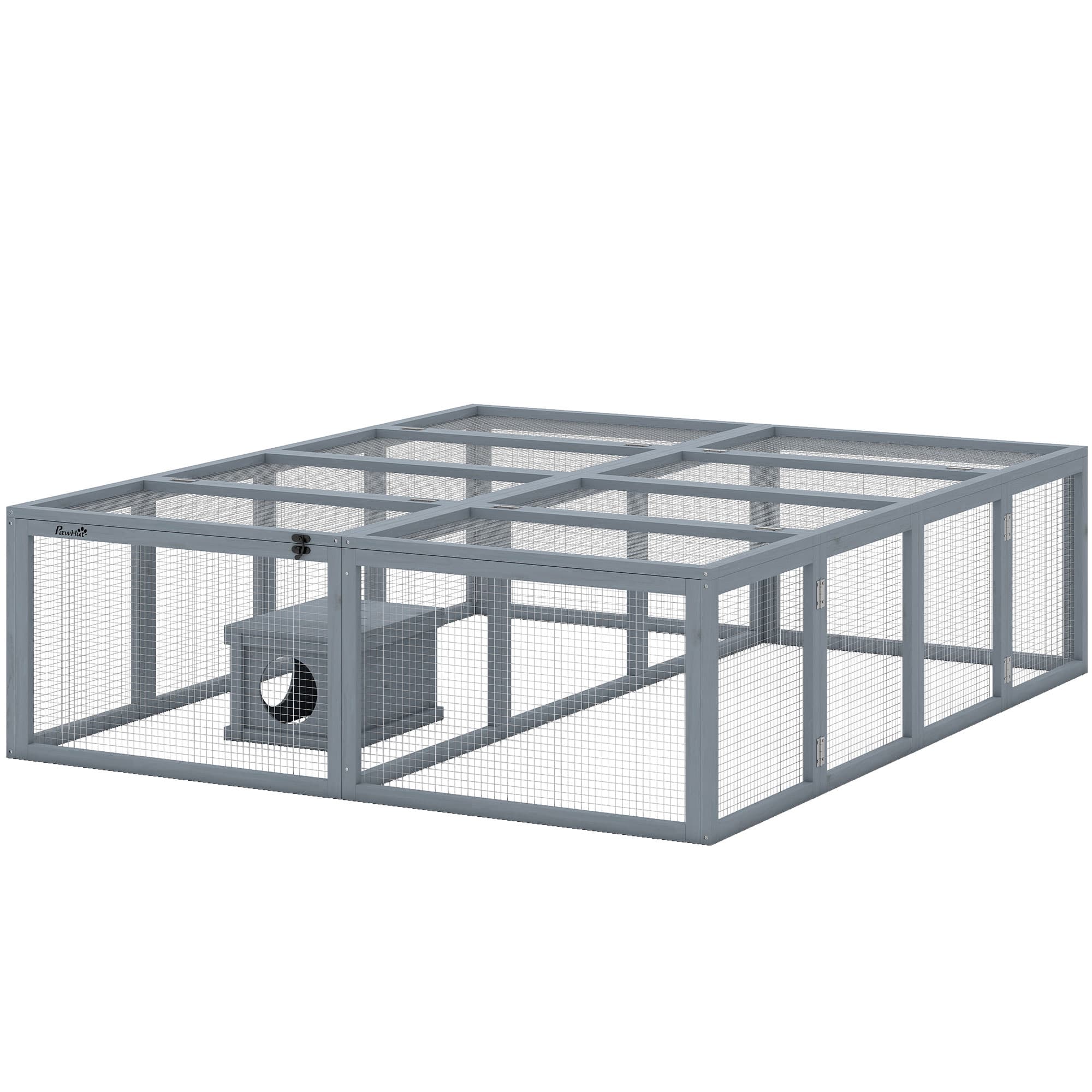 PawHut Enclos extérieur clapier en bois avec 2 portes Maisonnette pour 2-4 lapins nains 180,4 x 150 x 48 cm Gris