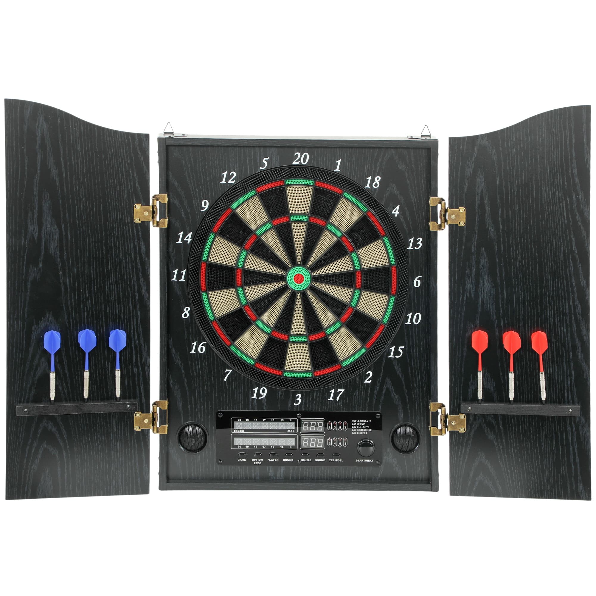 SPORTNOW Cible électronique E Dartboard avec portes effet bois affichage LED annonces vocales 6 fléchettes, 24 pointes de rechange
