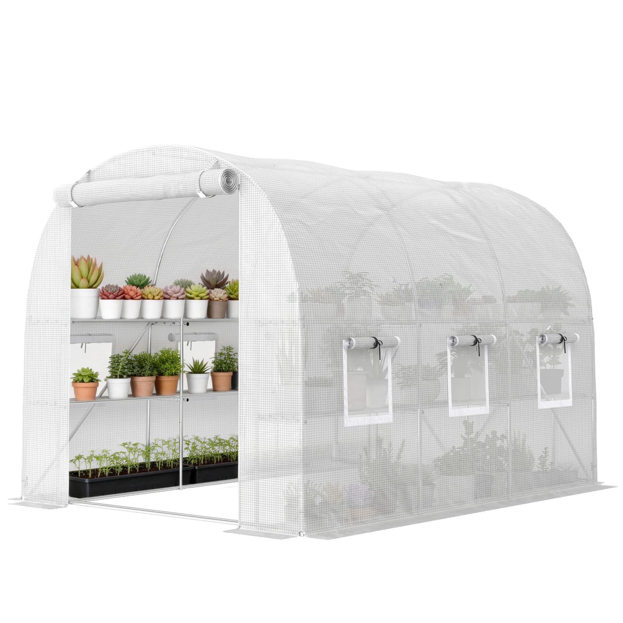 Outsunny Serre env. 2,7 x 2 x 2 m serre en film avec étagères porte enroulable à fermeture éclair 6 fenêtres en filet barres de soutien