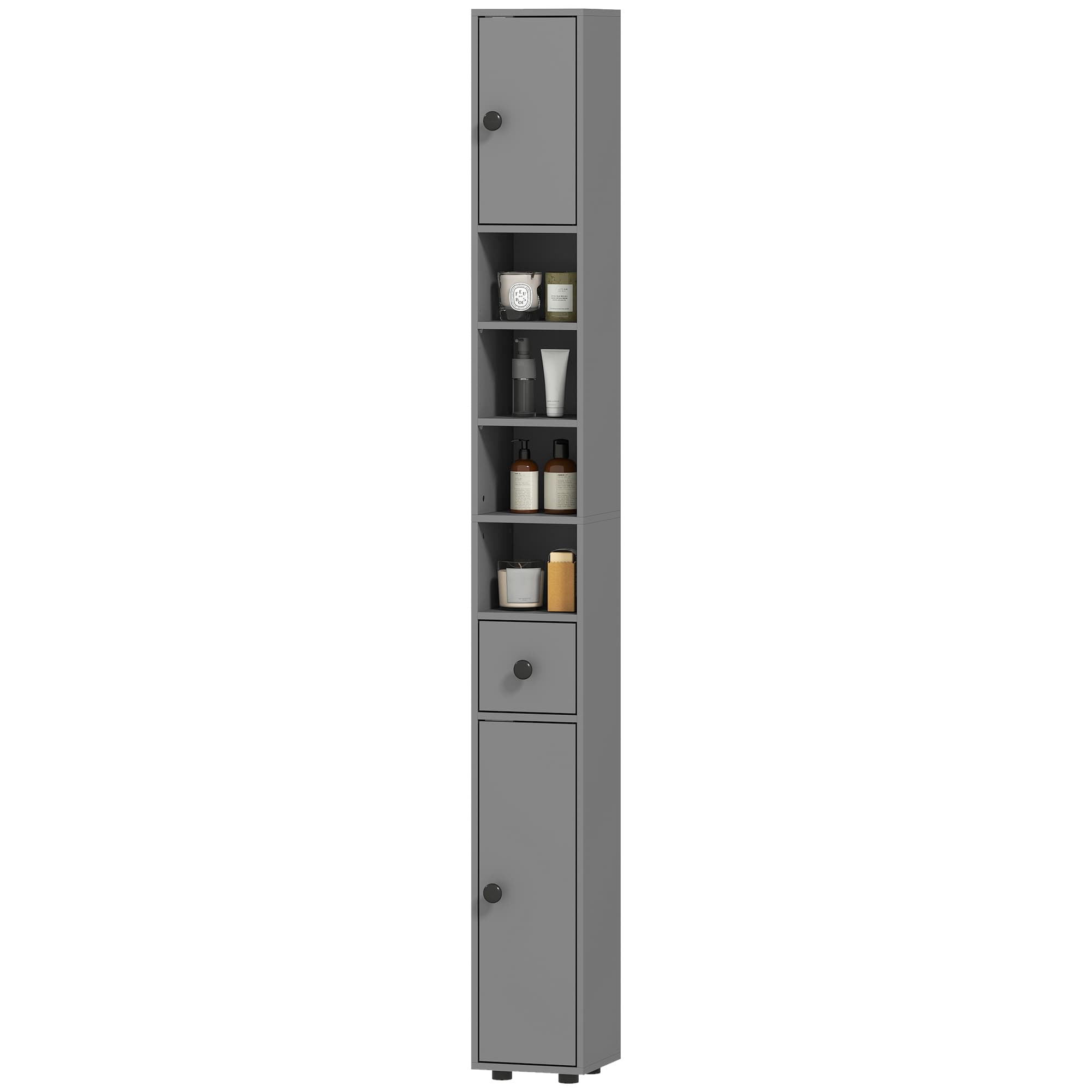 kleankin Armoire de salle de bains, 4 étagères, tiroir, panneau de particules, design élancé, Gris