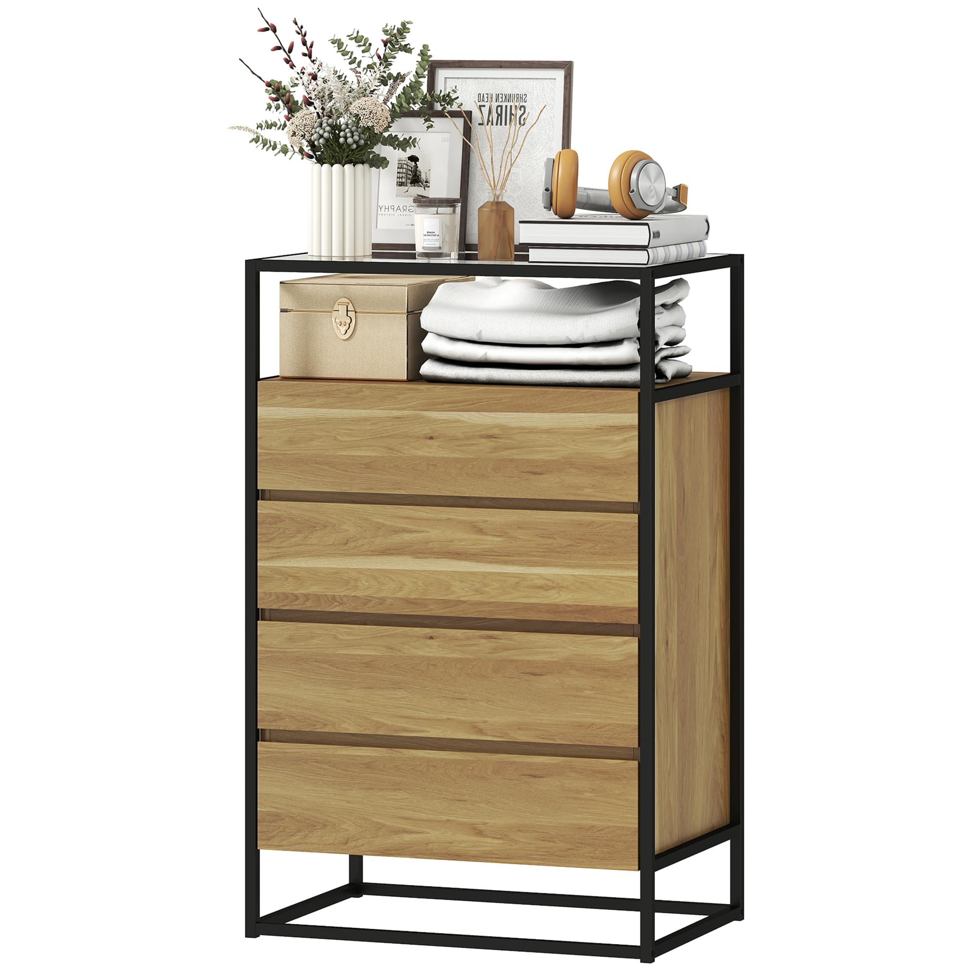 HOMCOM Commode de chambre 4 tiroirs, plateau en verre trempé, étagère ouverte, structure en acier, 60x40x94,5 cm, teck