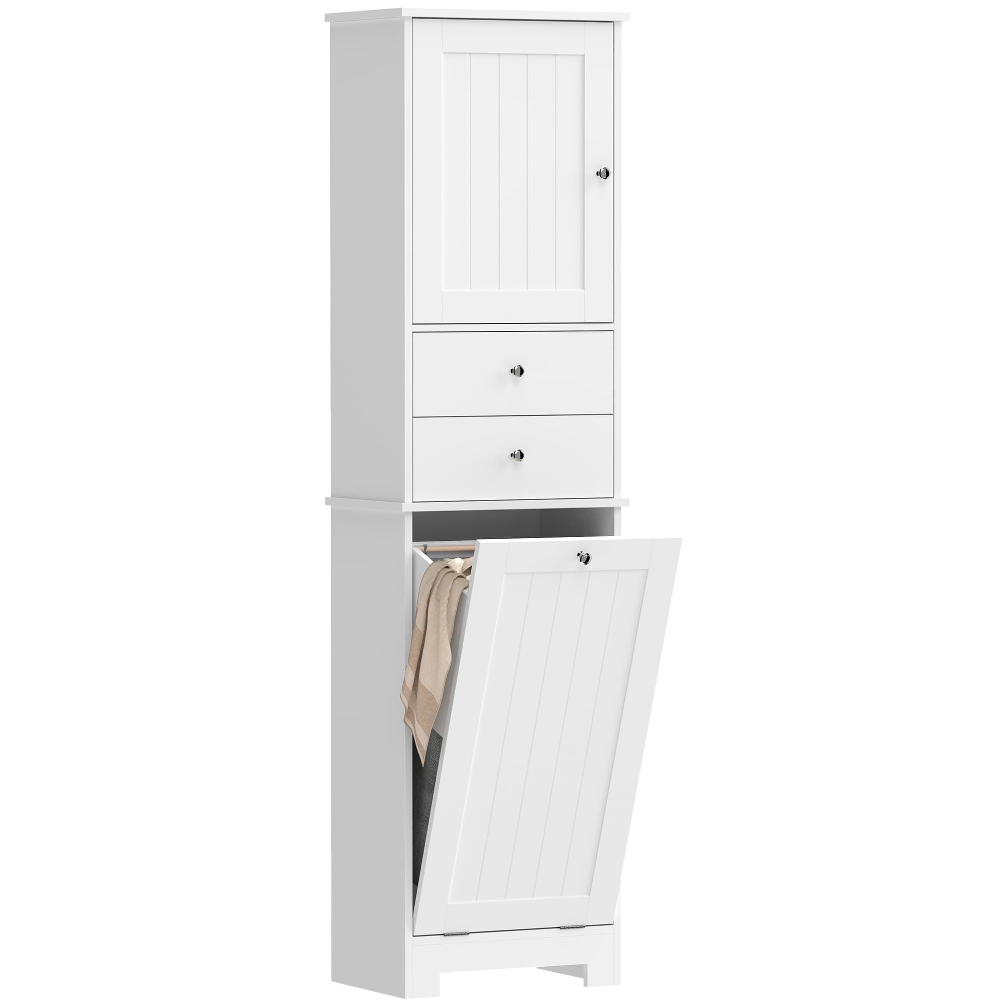HOMCOM Meuble de Salle de Bain avec Panier à Linge Pliable, Armoire et 2 Tiroirs, en Bois, 45x30x171 cm, Bianco