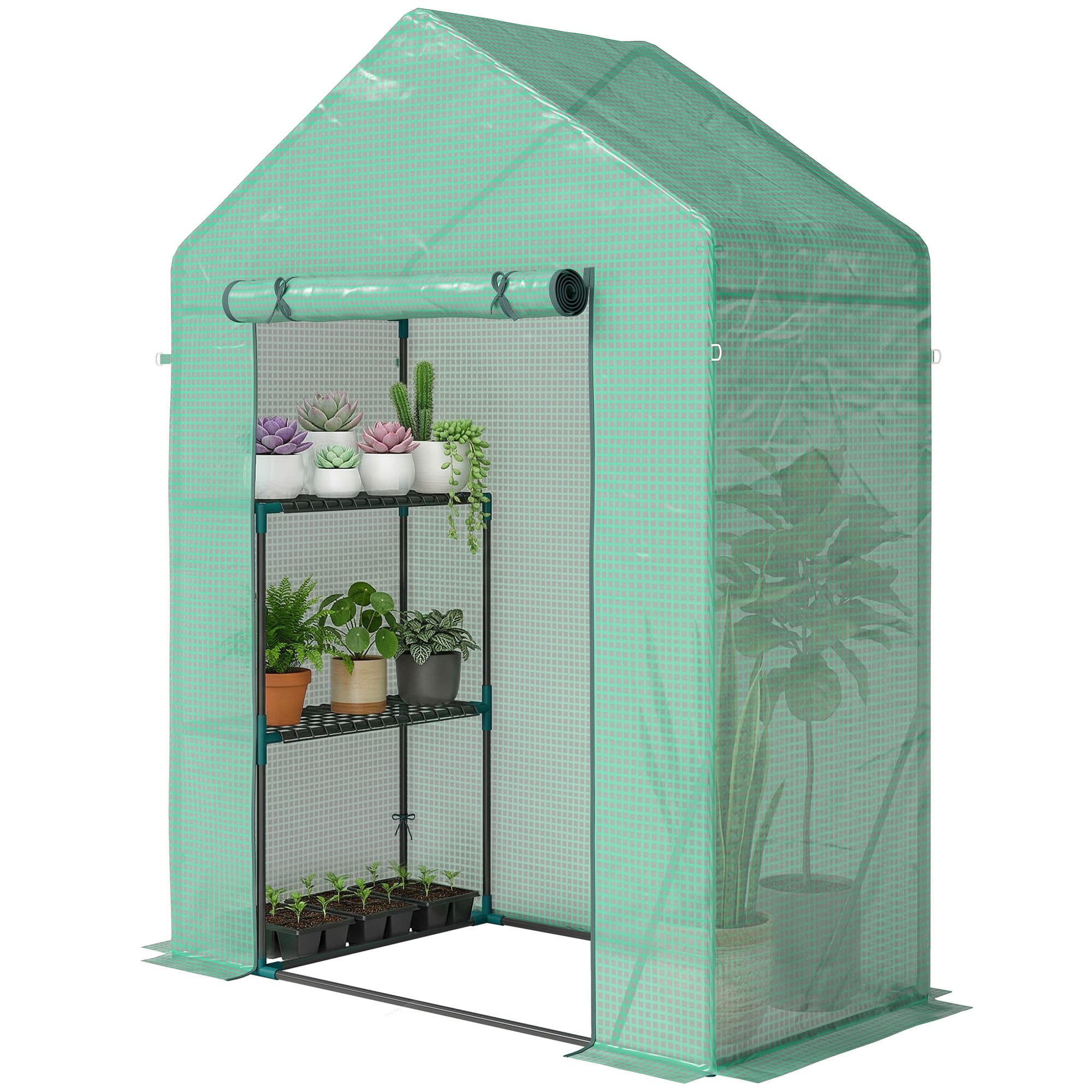 Outsunny Serre de Jardin 143 x 73 x 195 cm avec Étagère à 2 Niveaux, Vert