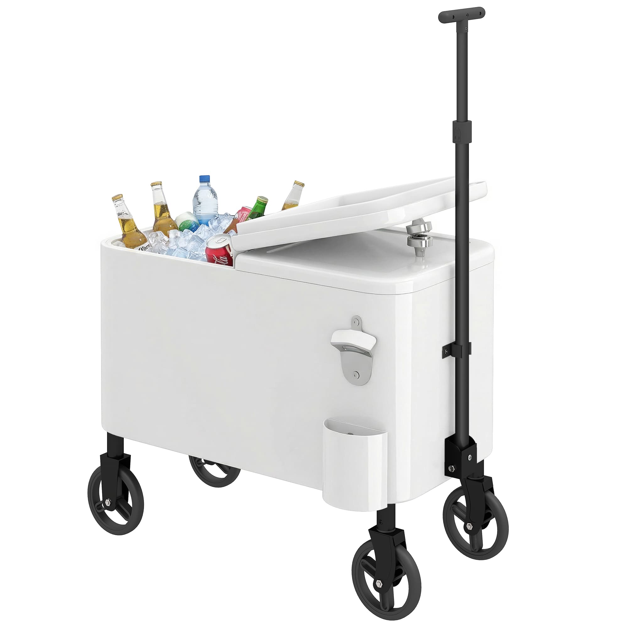 Outsunny Chariot glacière 56 L avec roues, poignée réglable, décapsuleur, récupérateur de capsules, vidange et poignée, 75x35x120 cm, Blanc