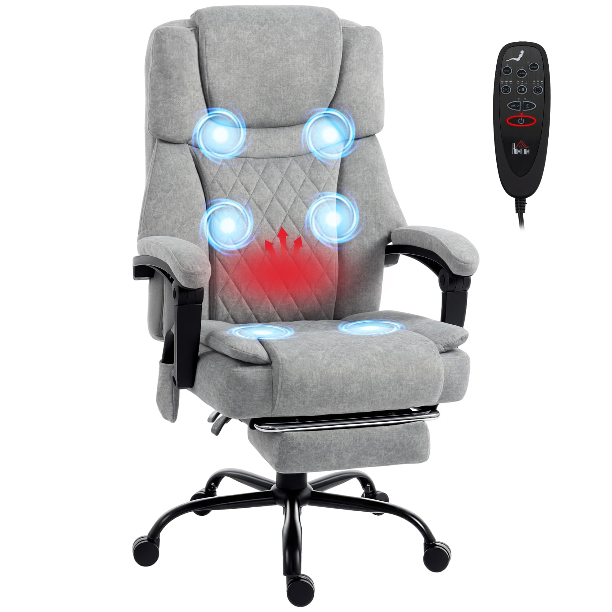 HOMCOM Fauteuil de bureau à dossier haut avec massage par vibration, fonction chauffante, dossier réglable, repose-pieds, télécommande, gris