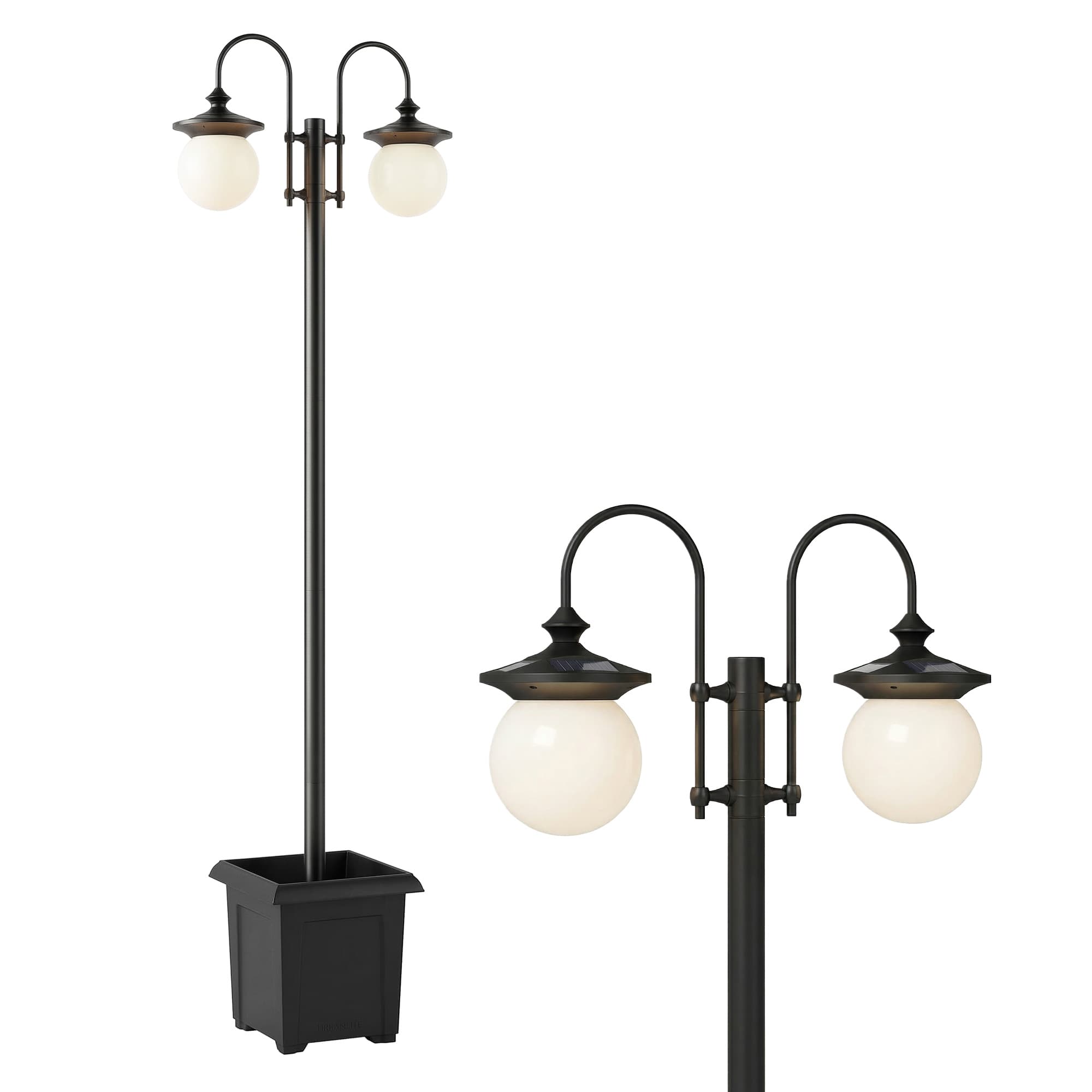 Outsunny Lampadaire Solaire Extérieur de Jardin avec Jardinière 2 Têtes Étanche IP44 Allumage/Arrêt Automatique Hauteur Réglable