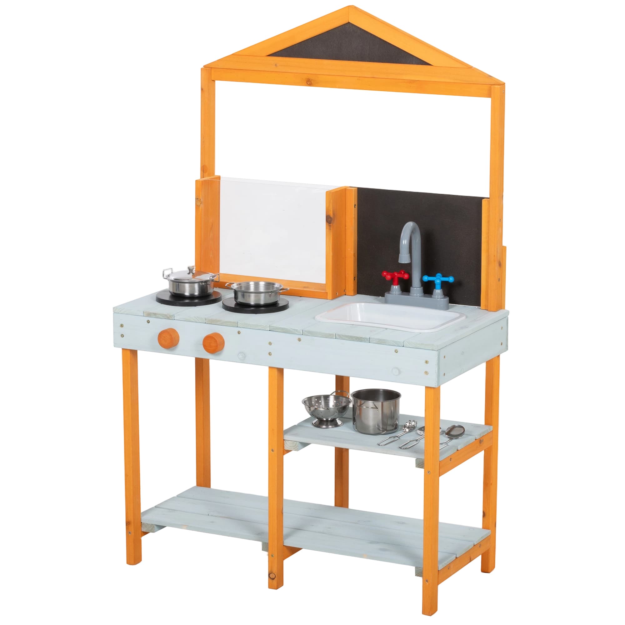 AIYAPLAY Cuisine à boue pour enfants Cuisine de jeu extérieure en bois avec plaques de cuisson Évier amovible Étagères pour enfants de 3-8 ans, Bleu clair