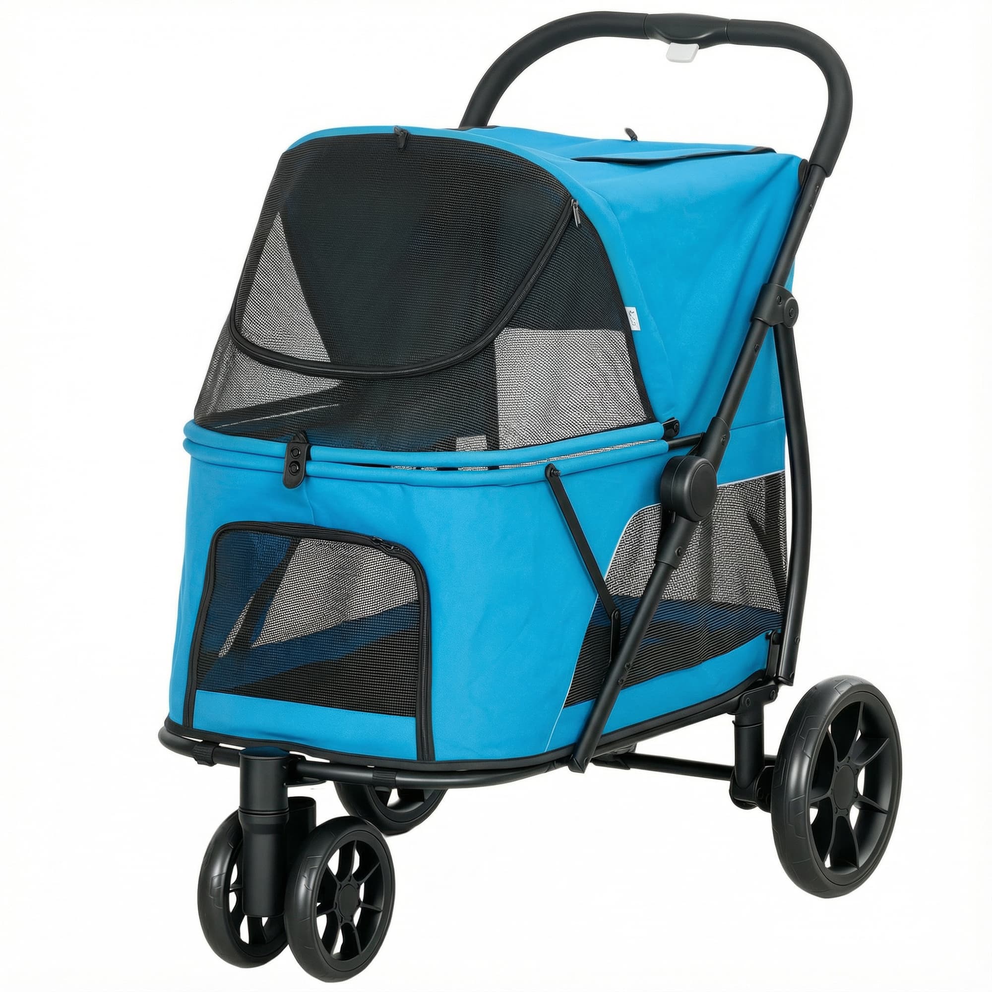 PawHut Poussette pour Chien Pliable 3 Roues Fenêtres en Maille Coussin Lavable Tout-Terrain Charge 20 kg 92x63x95 cm Bleu