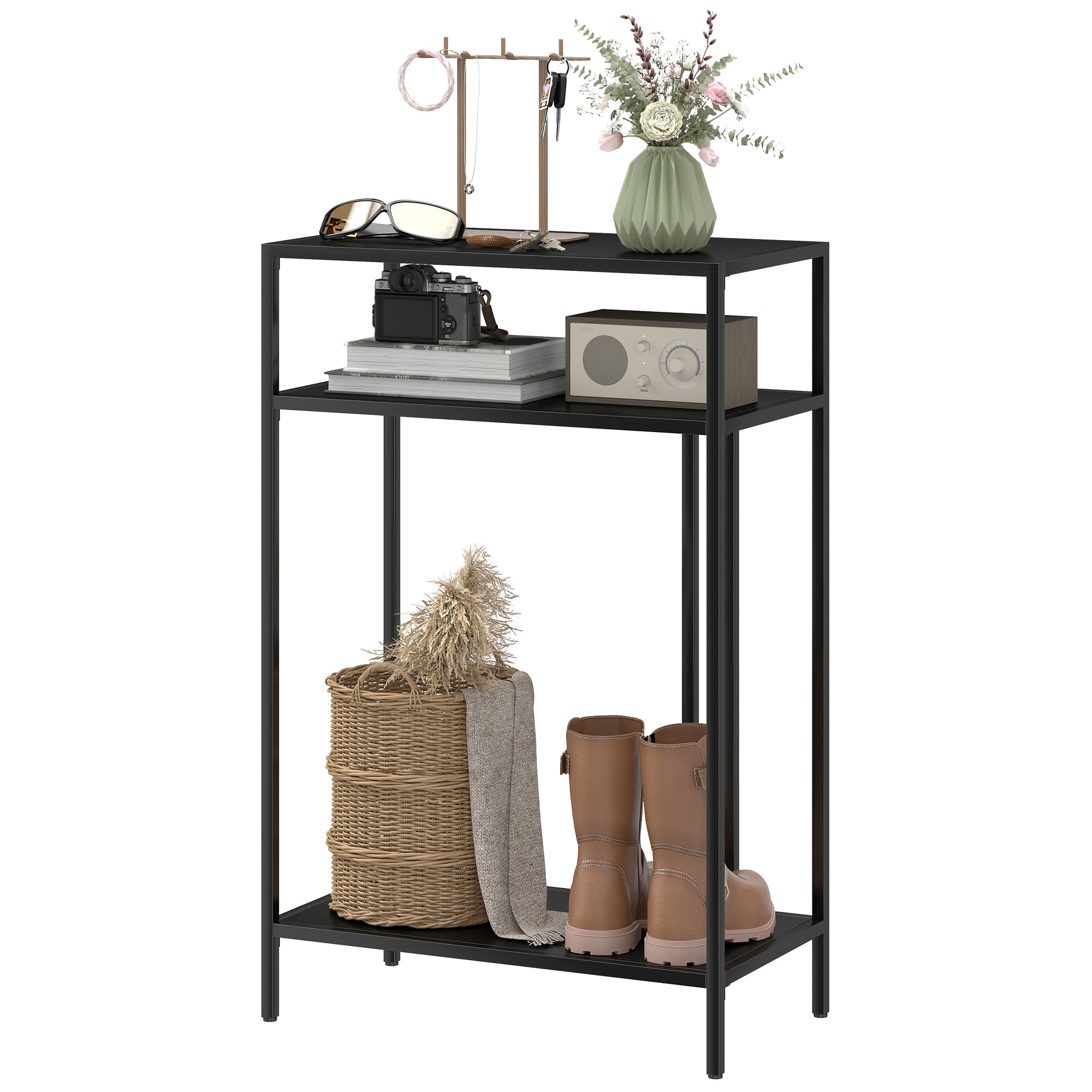 HOMCOM Table console avec étagères ouvertes à 3 niveaux, en acier, 55x30x85 cm, Noir