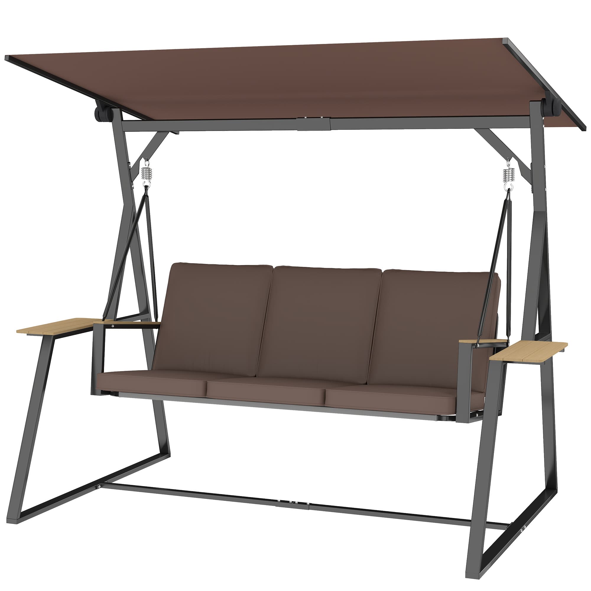 Outsunny Balancelle de Jardin Extérieure 3 Places avec Toit Ajustable 2 Plateaux Coussins et Structure Métallique Charge 360 kg Marron