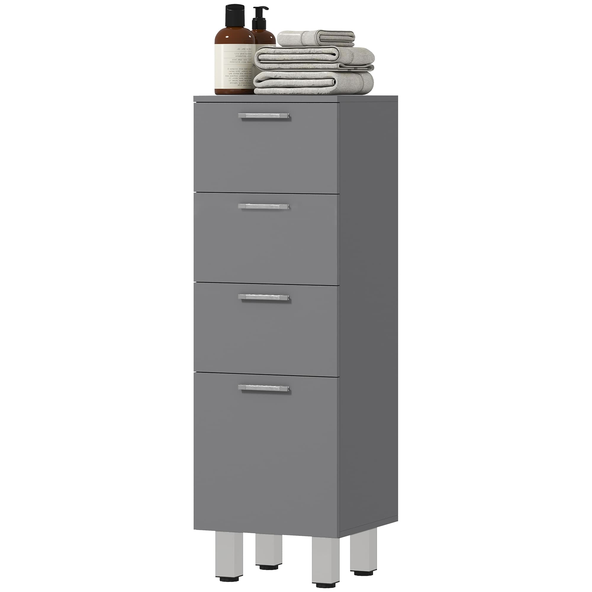 kleankin Meuble de salle de bain, armoire de bain, 4 tiroirs, panneau de particules, lisse, Gris