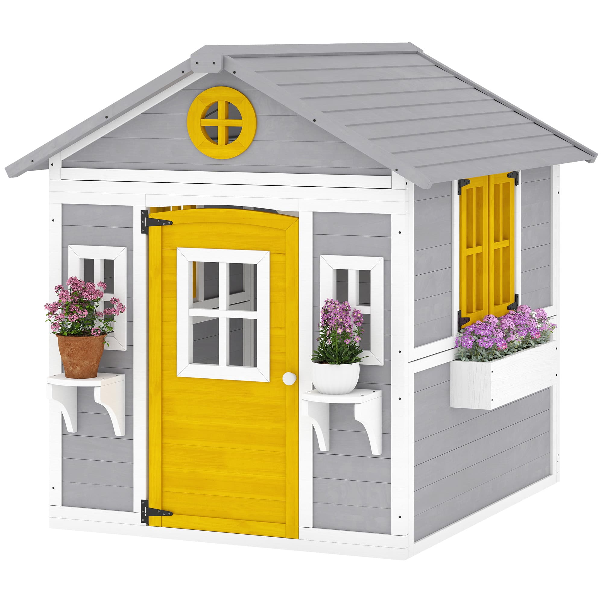 Outsunny Maisonnette extérieure et intérieure en bois avec porte fenêtres jardinières et supports pour fleurs gris