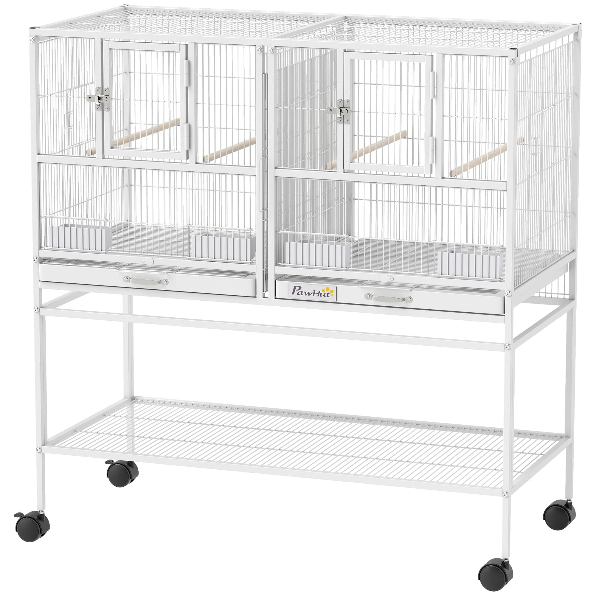 PawHut Cage pour oiseaux Grande avec séparateur Roulettes 4 mangeoires 4 perchoirs Étagère 2 plateaux amovibles 95x45,5x102 cm Blanc