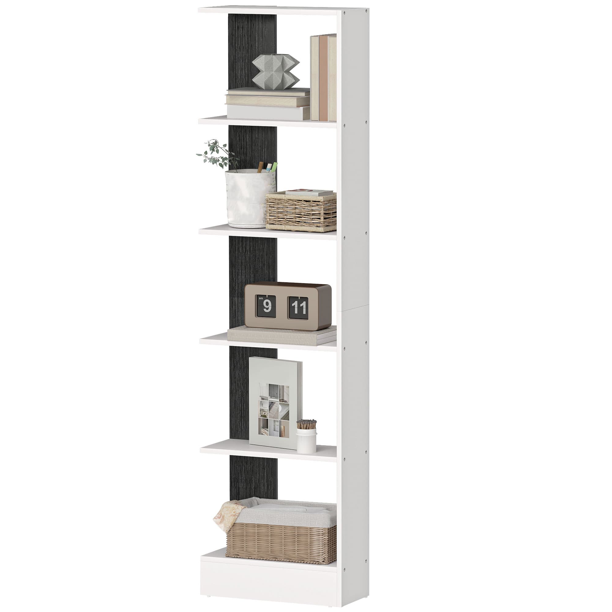 HOMCOM Bibliothèque moderne gain de place à 5 niveaux en bois 45x21x170 cm, Blanc et Noir