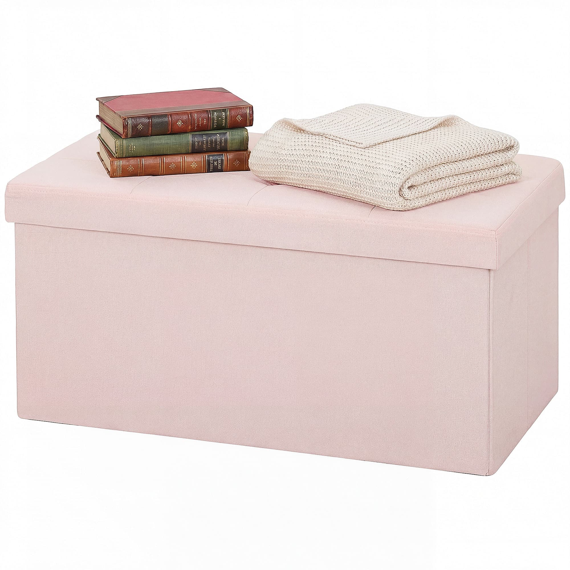 HOMCOM Pouf de rangement, Banc de rangement pliable 84 L 76x38x38 cm Revêtu en lin synthétique Coffre de rangement Rose