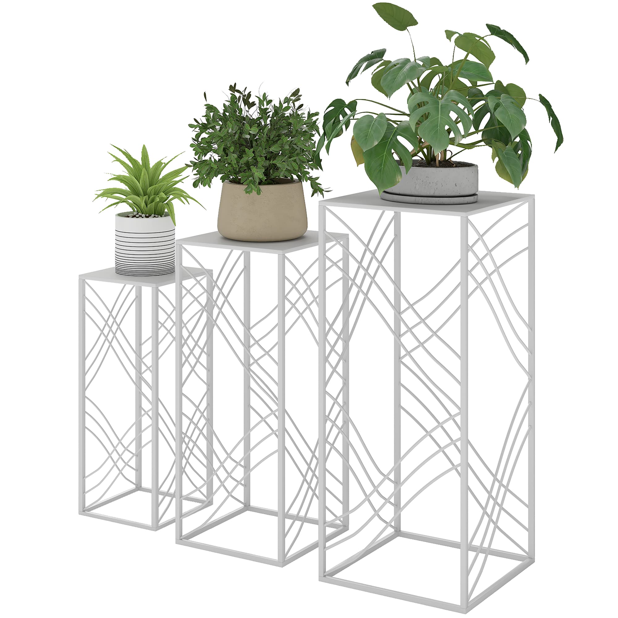 Outsunny Lot de 3 supports pour plantes, 50/60/70 cm de haut, étagère à fleurs empilable en métal Blanc