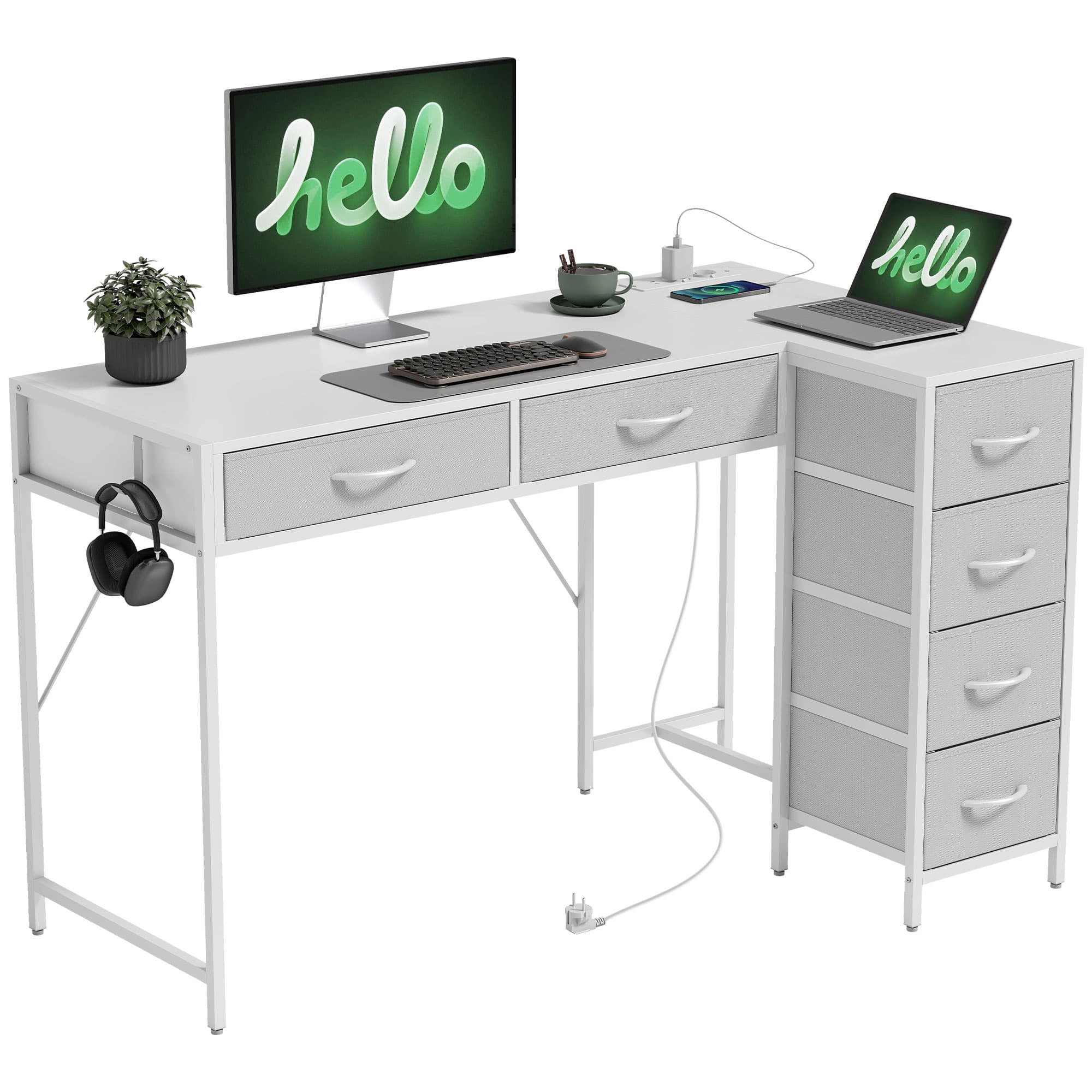 HOMCOM Bureau d'angle réversible avec 6 tiroirs 126x48 cm avec prise électrique port de charge USB et USB-C Blanc