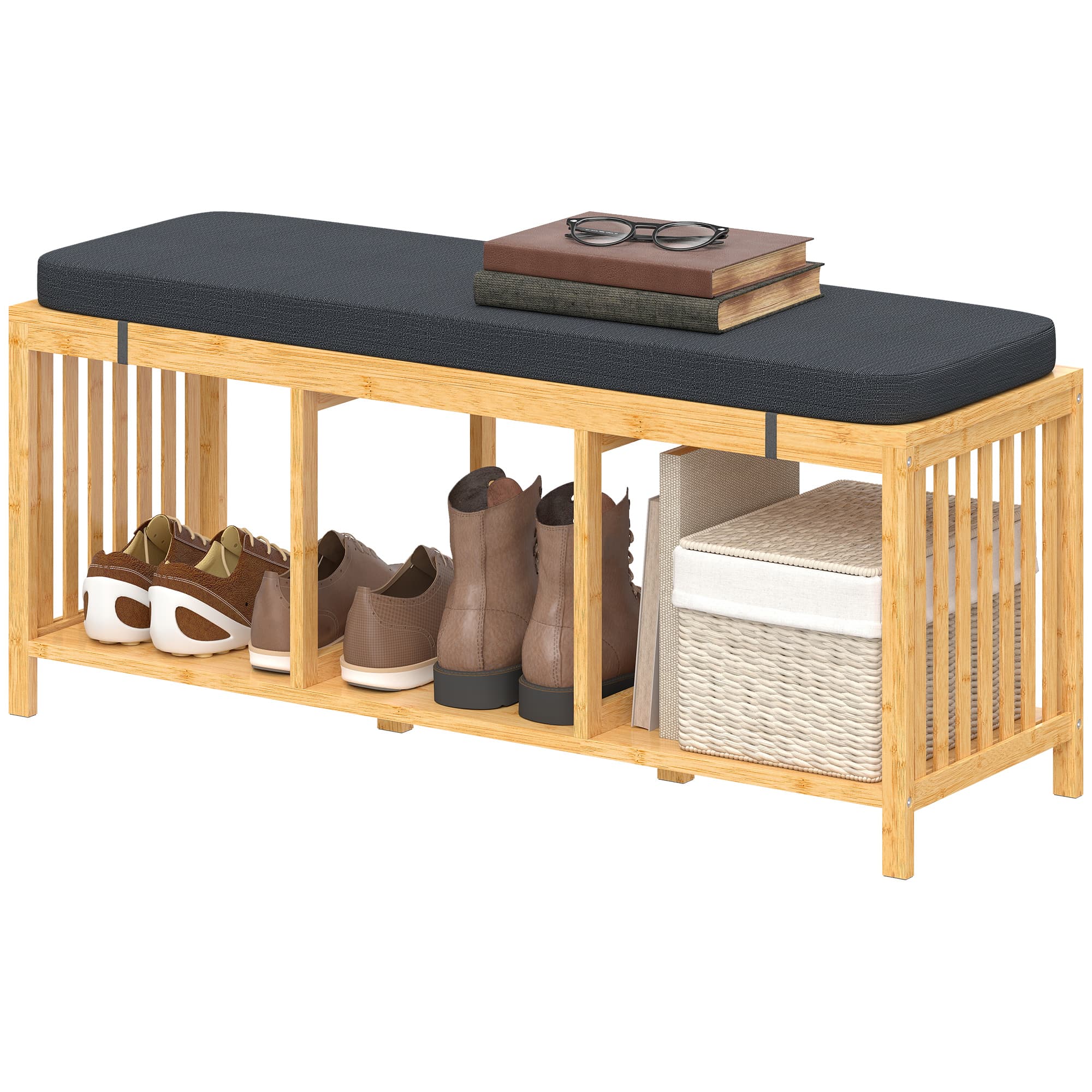 HOMCOM Banc à chaussures en bambou, banc d'entrée avec coussin rembourré et étagère ouverte, aspect bois naturel
