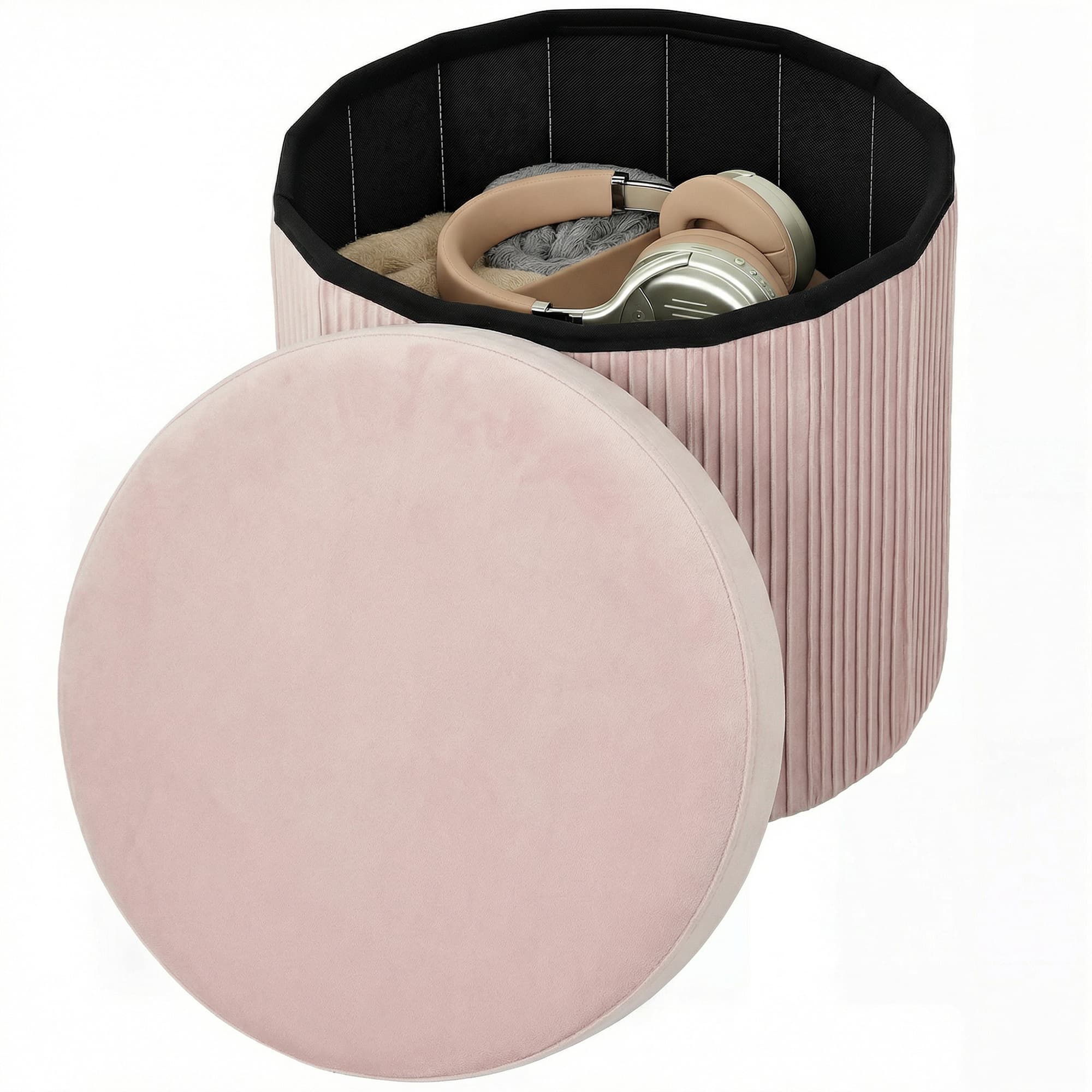 HOMCOM Pouf de Rangement Banc de Rangement Pliable 35 L 38x38x38 cm Revêtu en Velours Coffre de Rangement Rond Rose