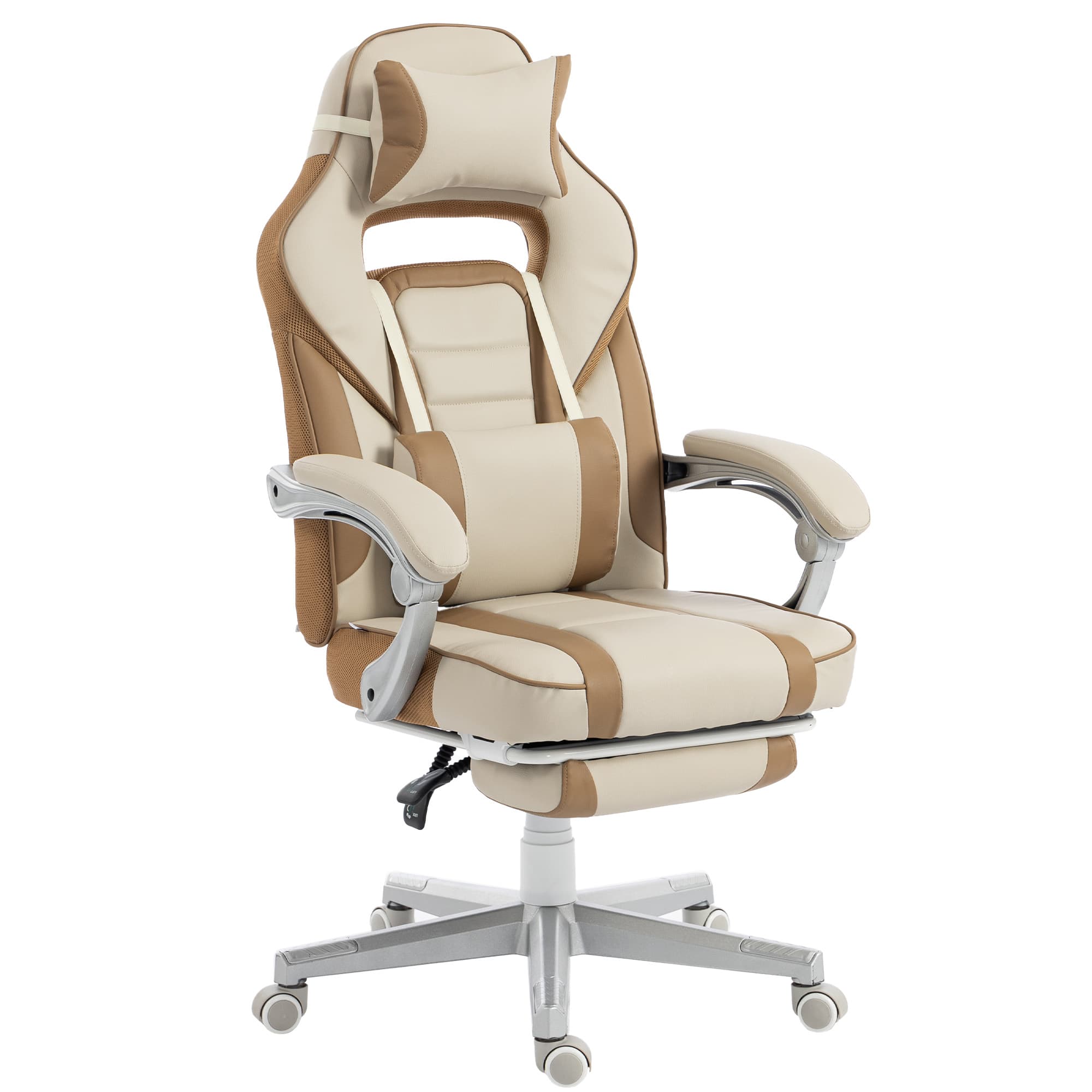 HOMCOM Fauteuil Gamer Inclinable avec Hauteur Réglable Repose-pieds Escamotable Support Lombaire et Appuie-tête Amovible Crème