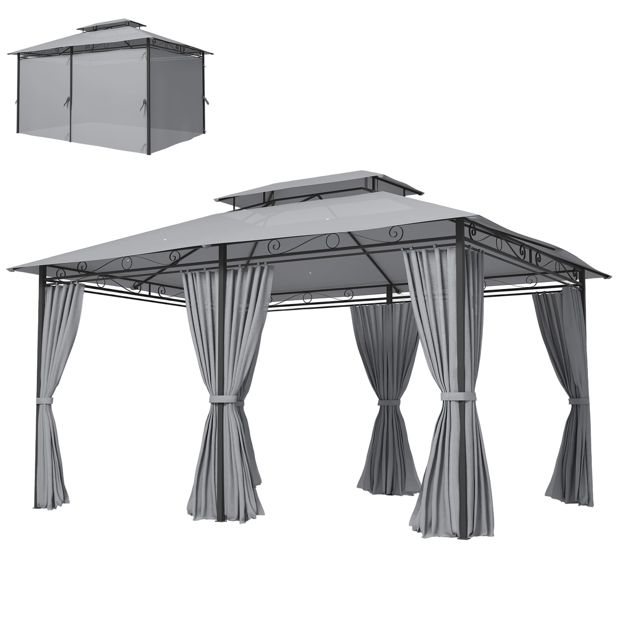 Outsunny Pavillon de jardin, pavillon d'extérieur avec rideaux, toit ventilé, gris foncé
