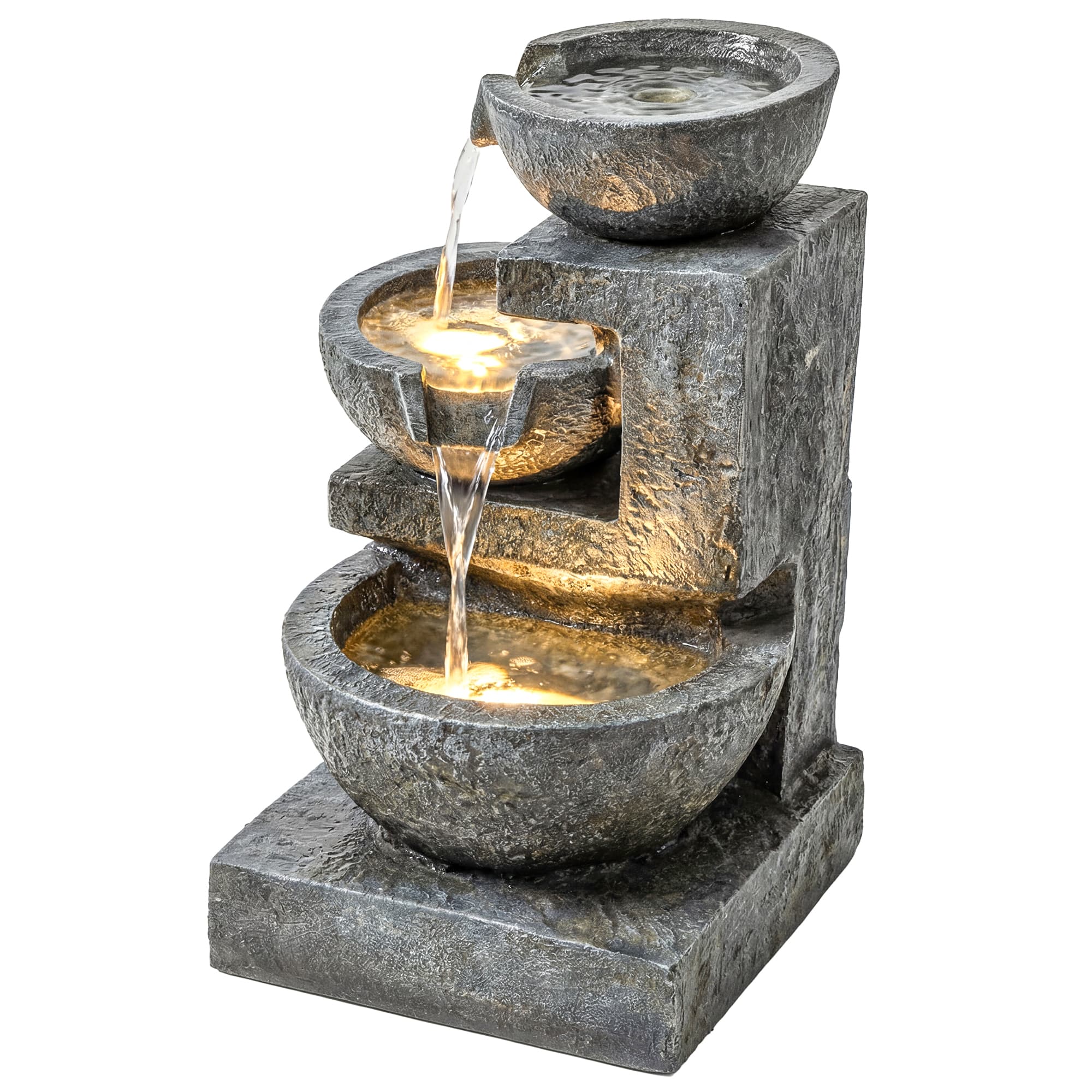 Outsunny Fontaine 3 niveaux pour jardin avec éclairage LED, pompe, effet pierre, réglable 40 x 37 x 61 cm