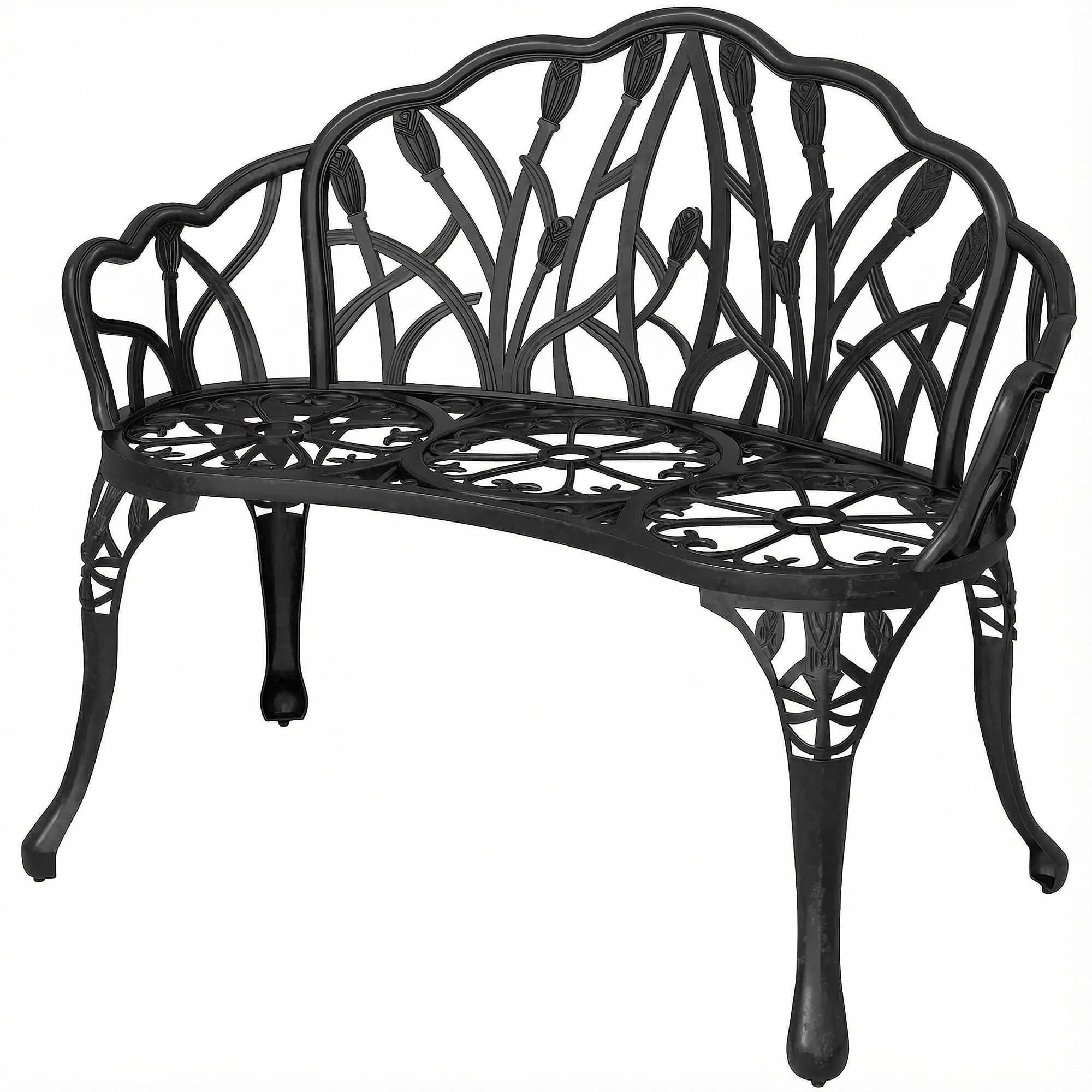 Outsunny Banc de jardin 2 places Aluminium moulé résistant aux intempéries Banc d'extérieur avec dossier tulipes motif fleurs 99 x 57 x 78 cm