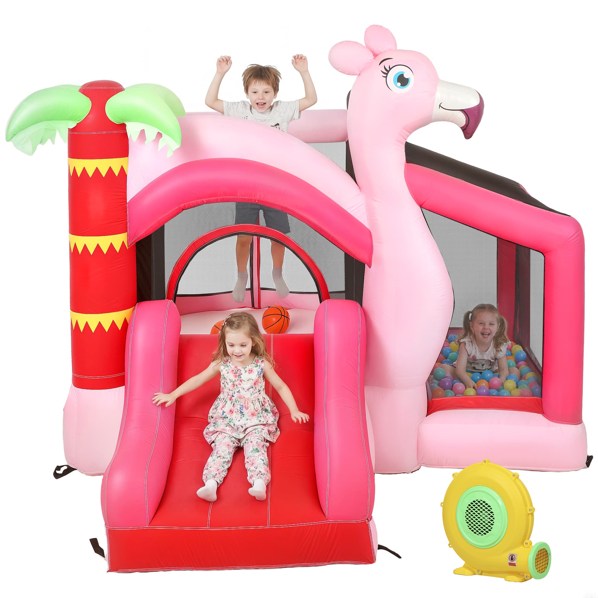 AIYAPLAY Château gonflable pour enfants avec gonfleur toboggan trampoline piscine à balles panier de basket 255x230x196cm