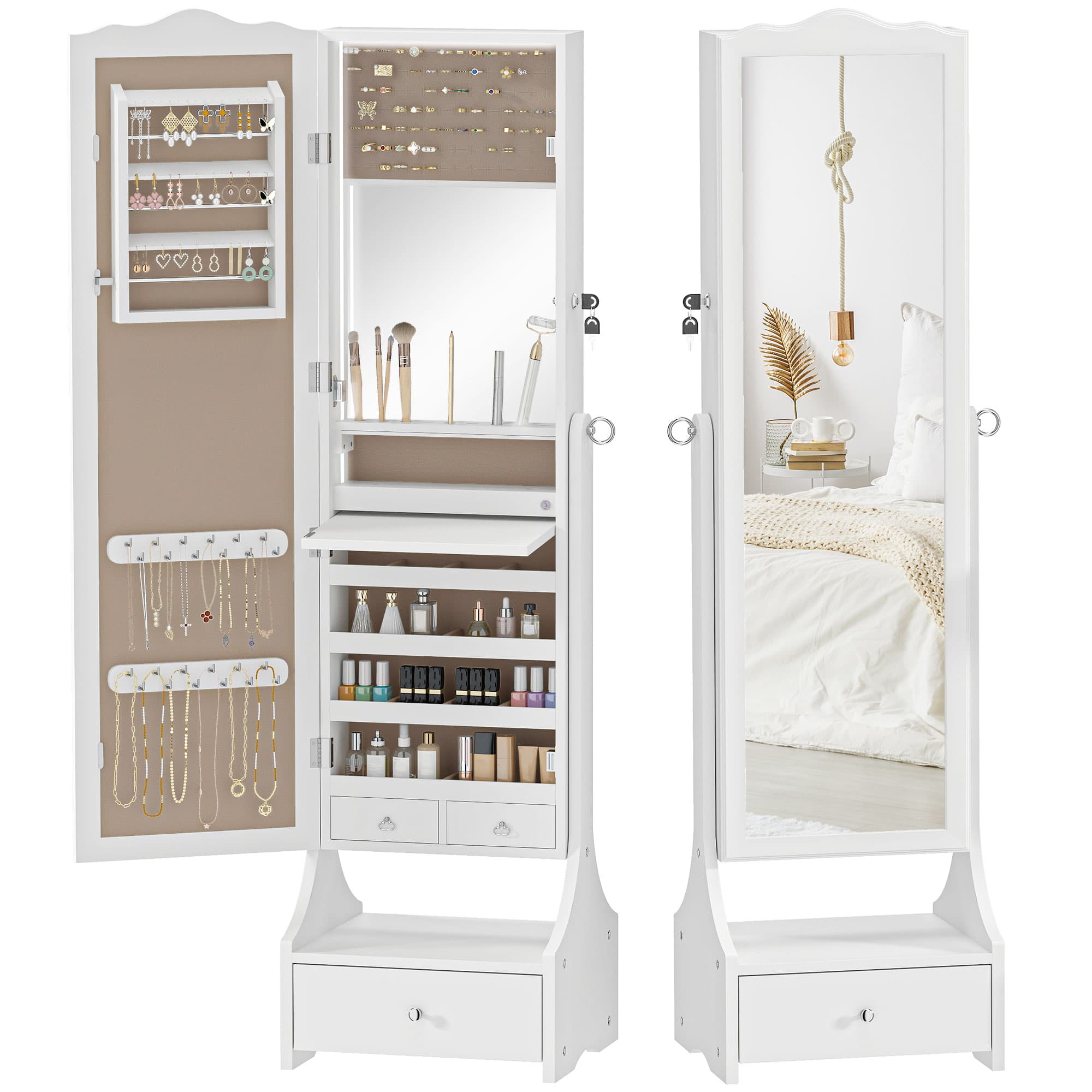 HOMCOM Miroir Armoire à bijoux avec LED Armoire Bijoux avec Miroir Pleine Longueur Angle Réglable Tiroirs Tablette Intérieure Rabattable Blanc
