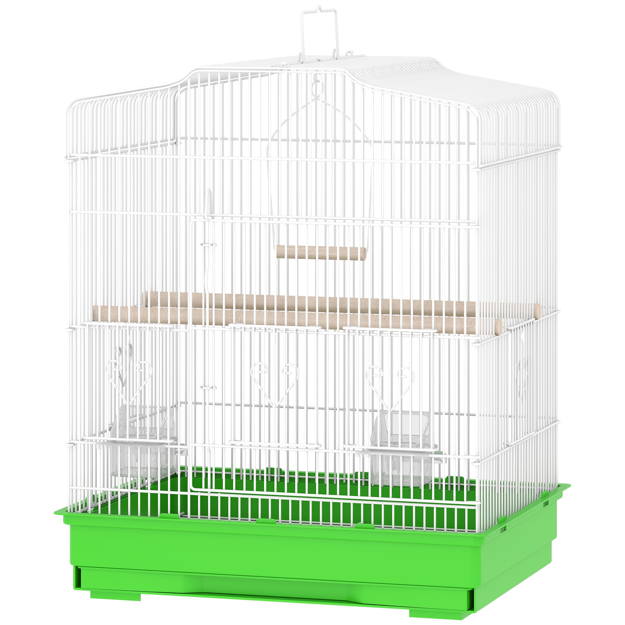 PawHut Cage pour oiseaux Volière en acier avec 2 Mangeoires 2 Perchoirs Balançoire et Plateau Amovible Poignée 46,5x36x59 cm Vert