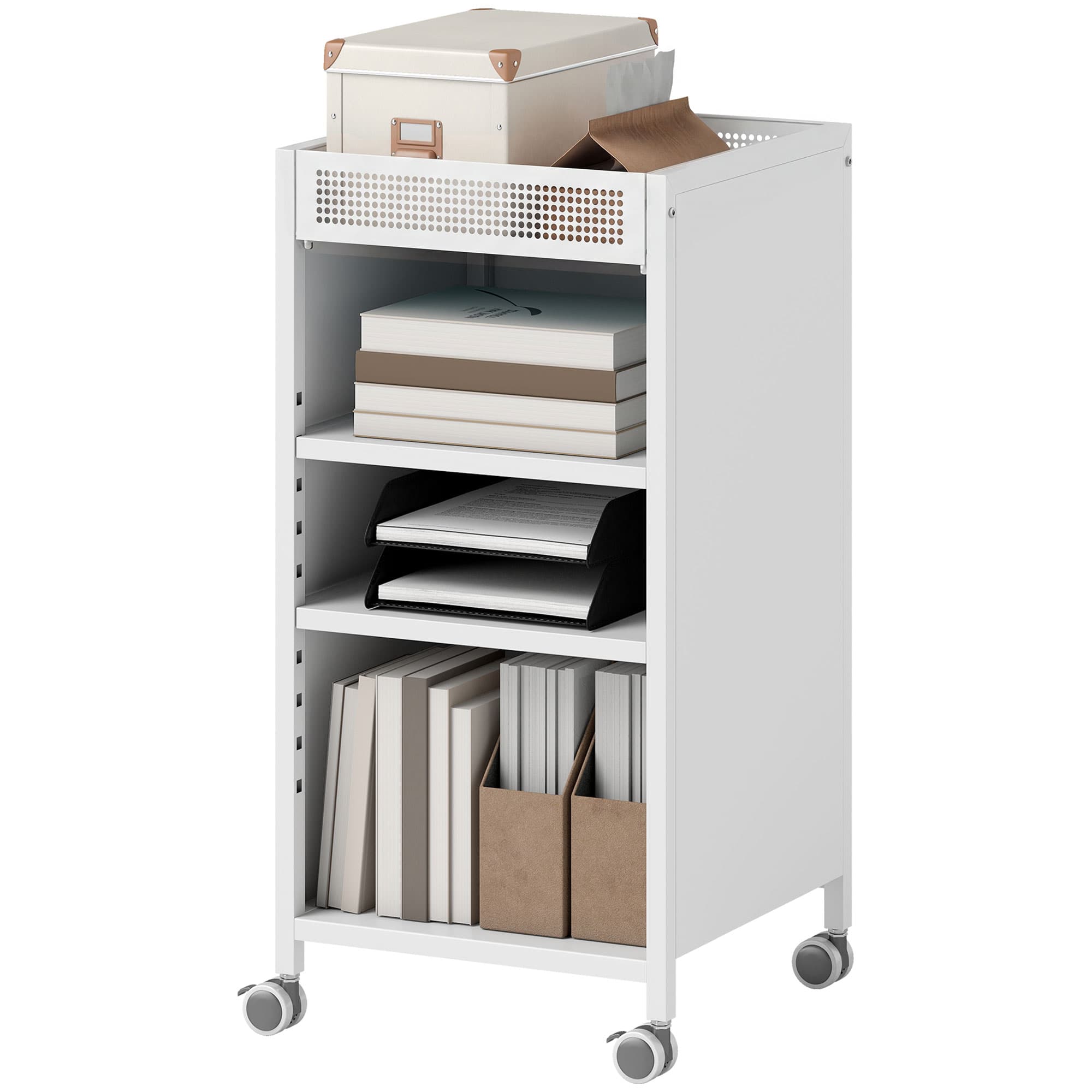 HOMCOM Étagère mobile avec étagères réglables, chariot 3 niveaux avec panier supérieur, blanc