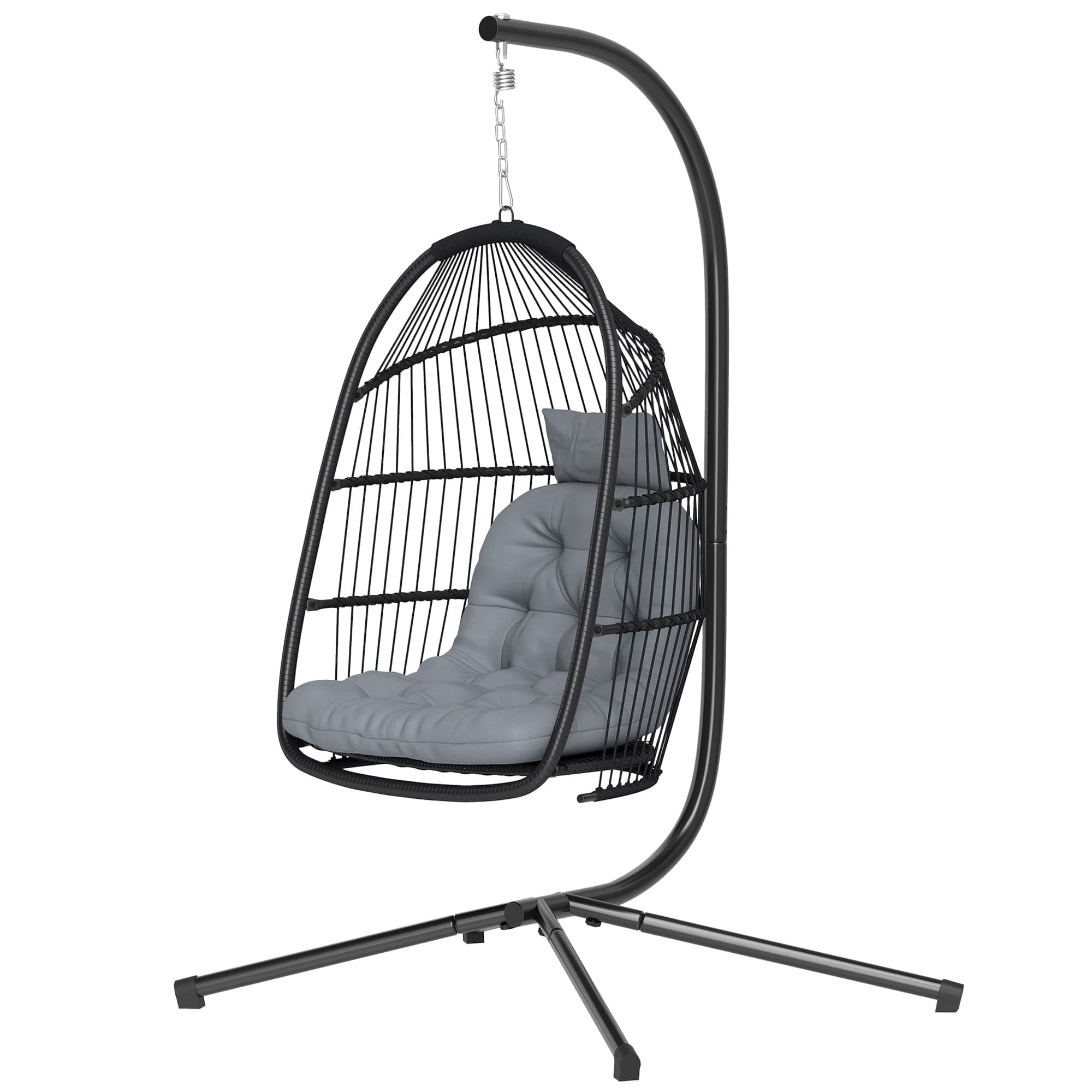 Outsunny Chaise suspendue œuf avec support panier pliant coussin et appui-tête pour intérieur et extérieur charge 150 kg gris